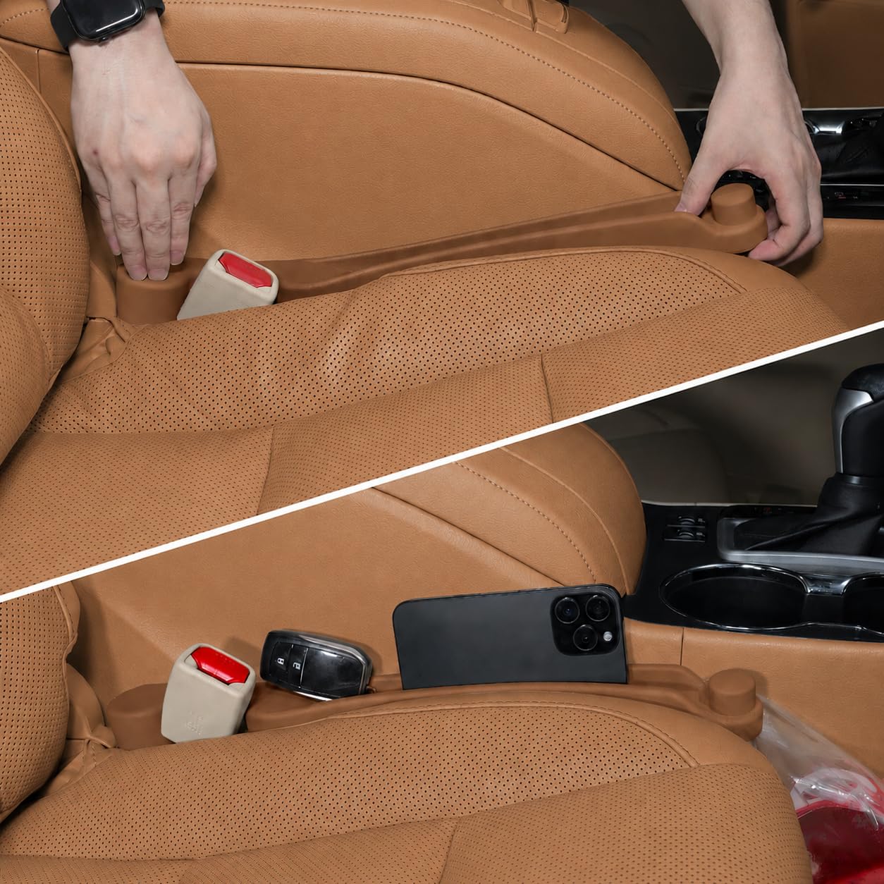 Car Seat Gap Filler Set of 2, 3IN1 Seat Side Gap Filler Plug with Storage Slot & Hook Function, Soft Foam Universal Fit Car SUV Truck Fill Gap Between Seats Console Organizer（Standard Mocha Brown） Mocha Brown Most Cars – Standard