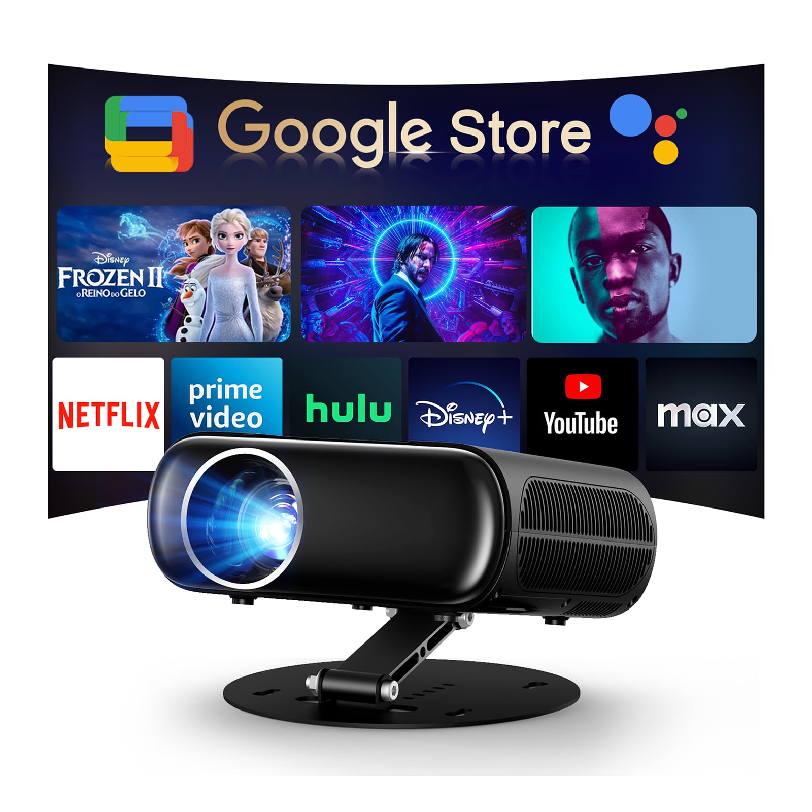 [Built-in Apps/GoogIe TV/1500ANSI] Smart Projector 4K Supported with WiFi and Bluetooth, GoogIe Voice, Zoom&Keystone, 180°Stand, HDR10, Goiaey C26
