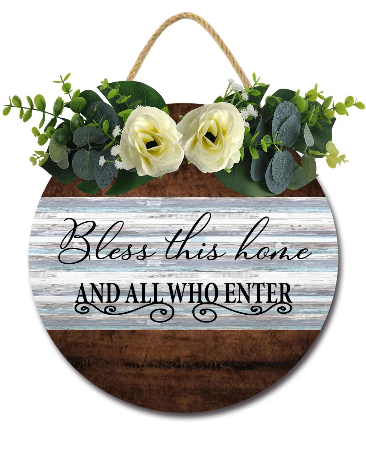 Weytff Bless This Home and All Who Enter Sign Porch Decor,God Bless This Home Wall Decor Round Wood Sign for Farmhouse Wreath Signs Front Door Decor Front Porch Decor Housewarming Gift 12"