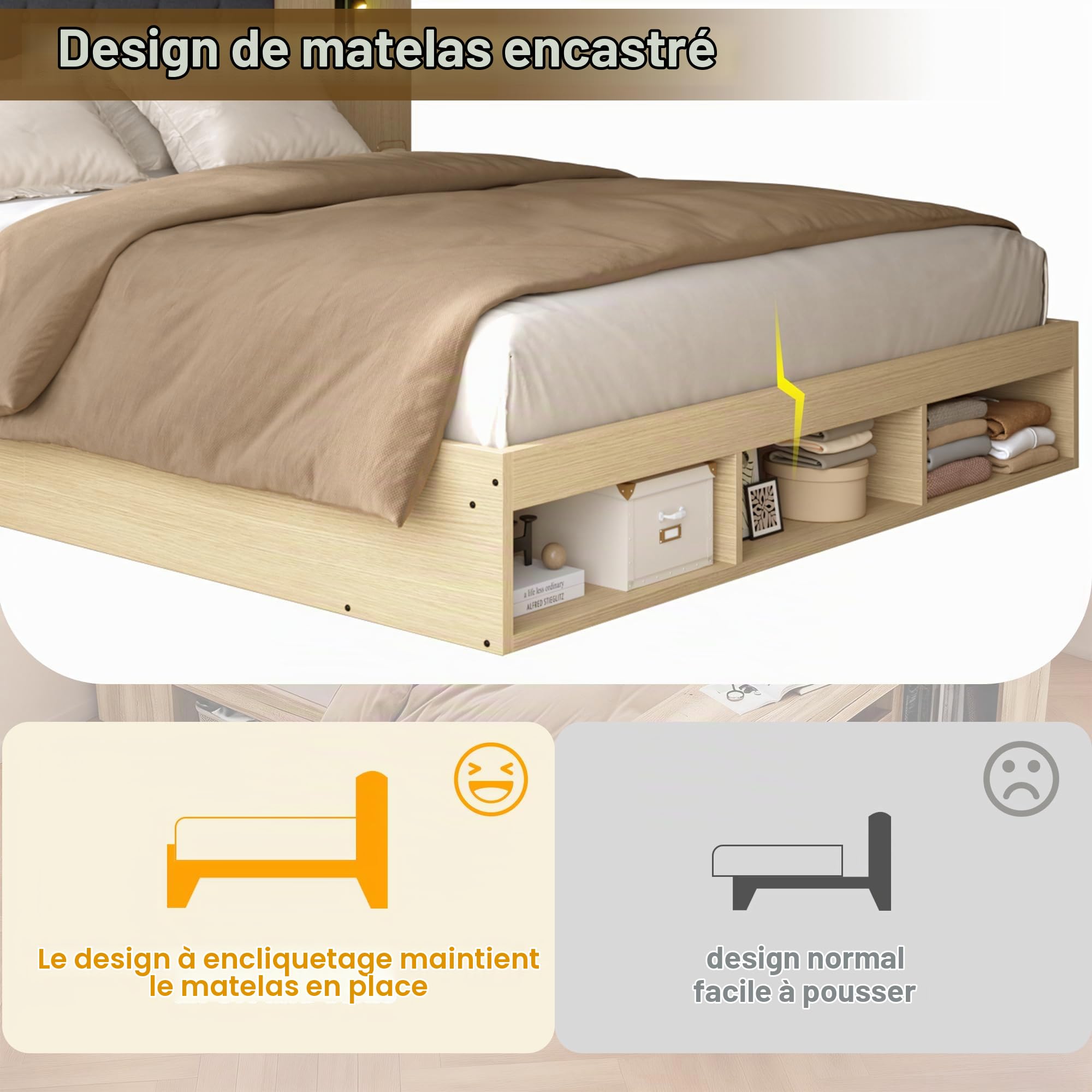 Lit Double 160x200 en Bois avec Rangement, Tête de Lit Rembourrée Intégrées Tables de Chevet Lampes de Lecture et Ports USB/Type-C, Lit avec Rangement pour Chambre Adulte(sans Matelas)
