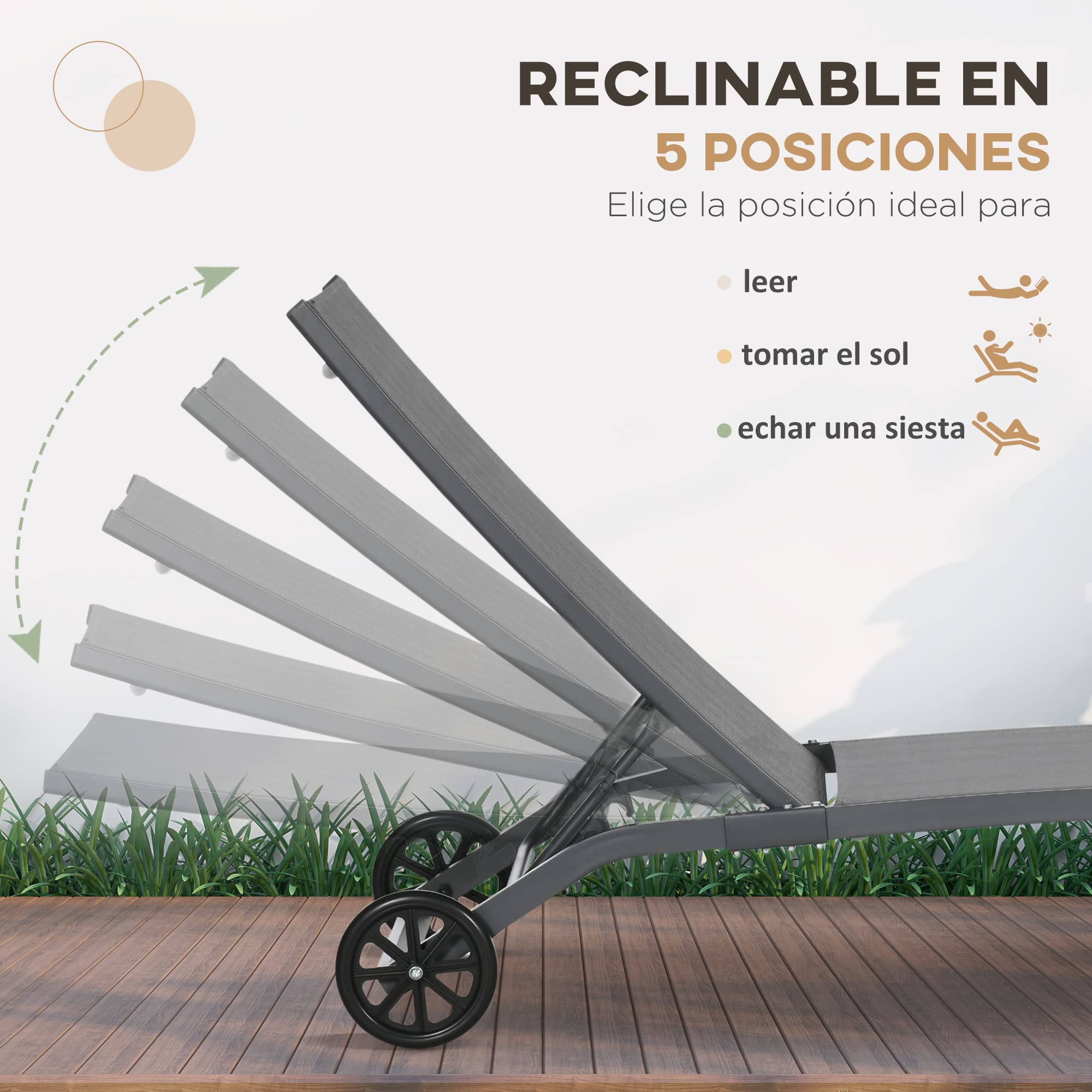 Outsunny Pack de 2 Tumbonas de Jardín Exterior Tumbonas Reclinables de Aluminio con Respaldo Ajustable de 5 Niveles y Ruedas para Playa Piscina 165x66x102 cm Gris Oscuro