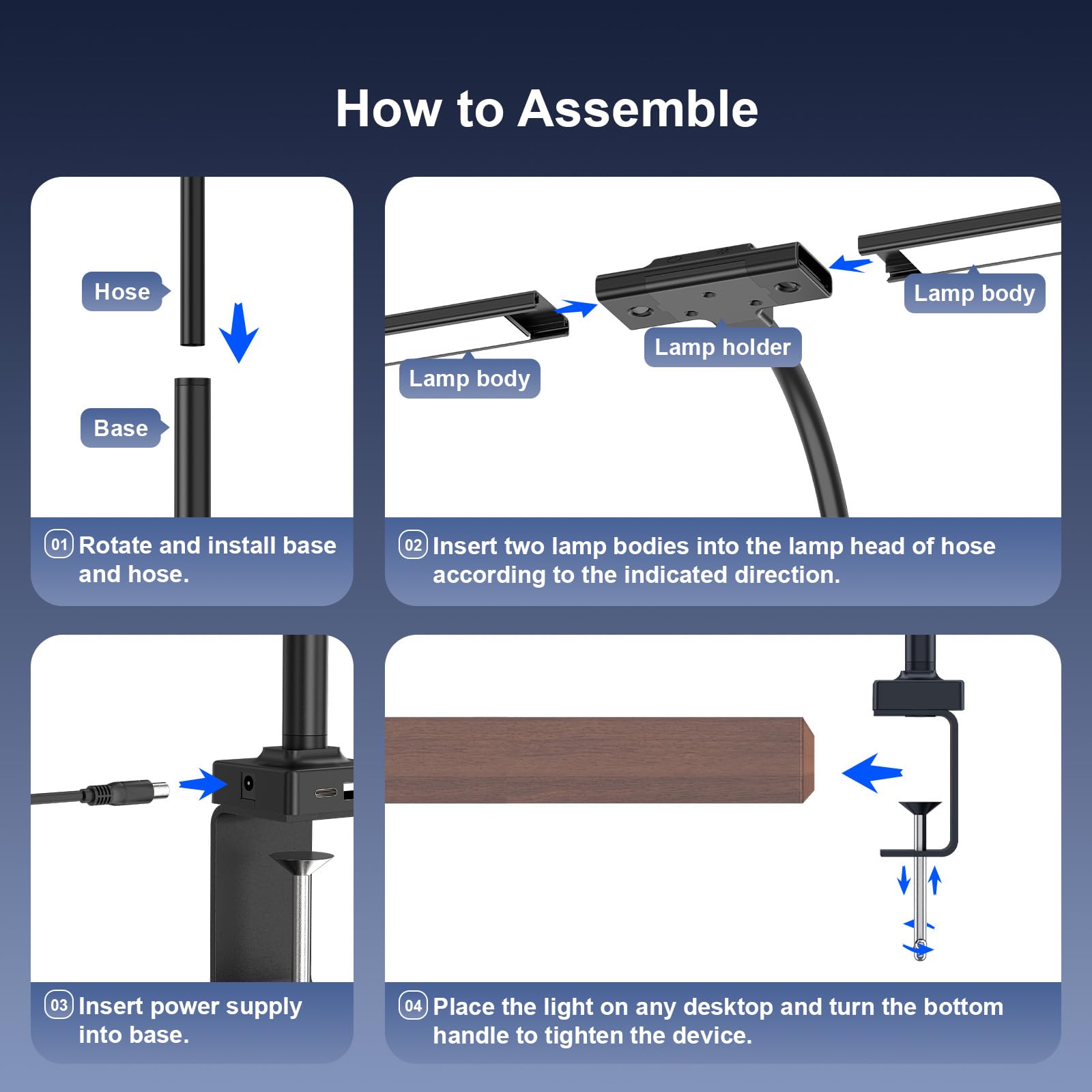 Lampara de Escritorio de LED 24W con Control Remoto - 1500LM 80CM Flexo LED Escritorio con Pinza Luz Leer Puerto de carga USB para Estudiar, Oficina, Negro