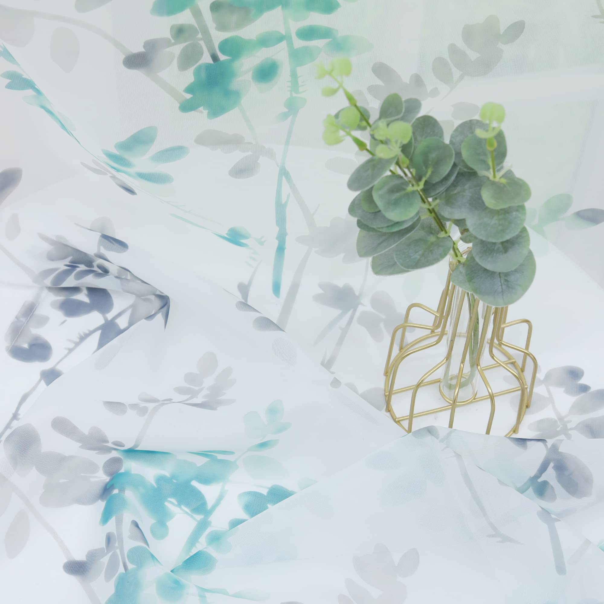ESLIR Schiebegardinen Voile Flächenvorhänge Set 2er Gardinen mit Klettband Schiebevorhang Transparent Vorhang mit Blätter Muster Grün BxH 57x245cm 2 Stück