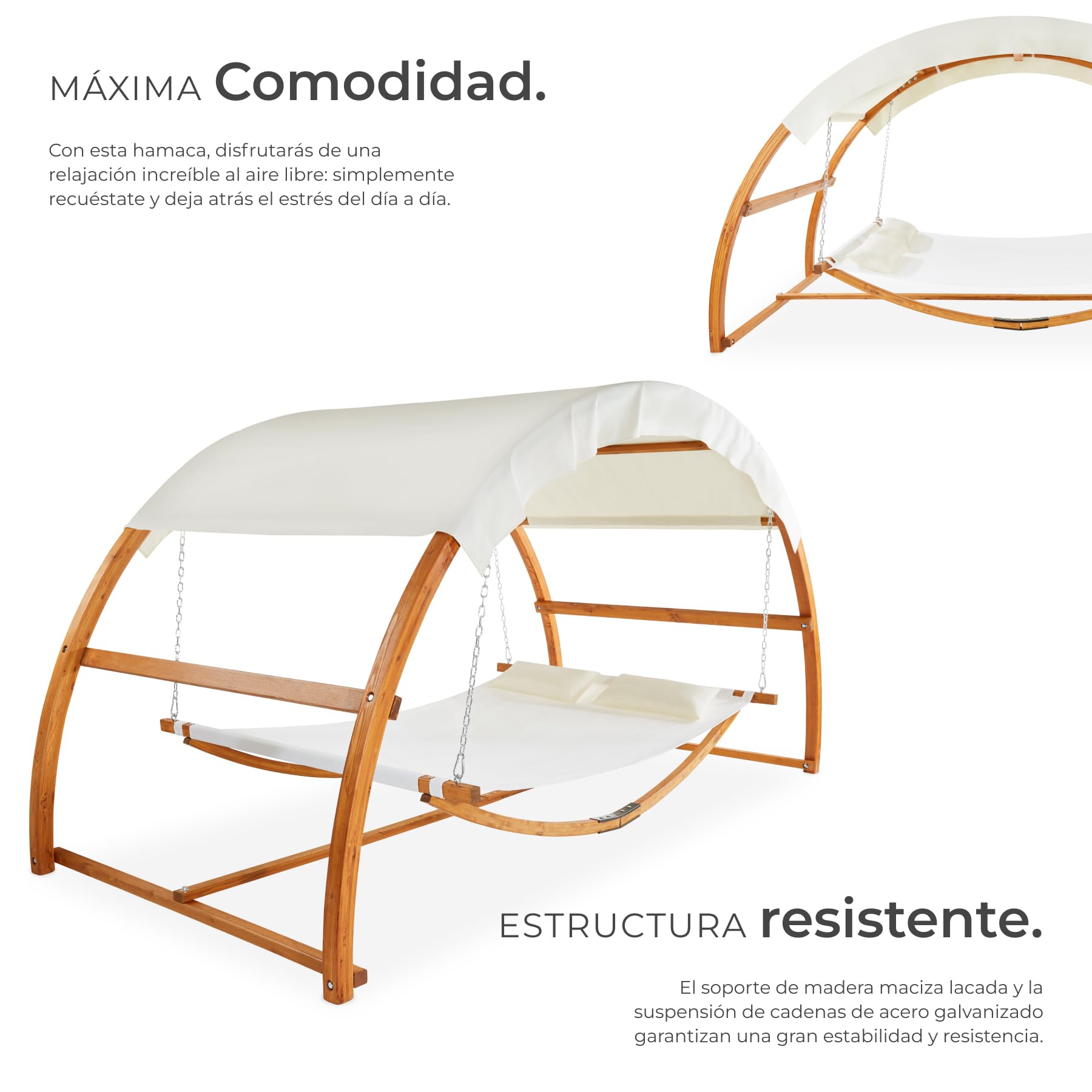 tectake® Hamaca Colgante para 2 Personas, Estructura de Madera Resistente con Techo, 2 Cojines Incluidos, Ideal para Jardín Terraza o Camping, 250 kg de Carga - 328 x 160 x 172 cm