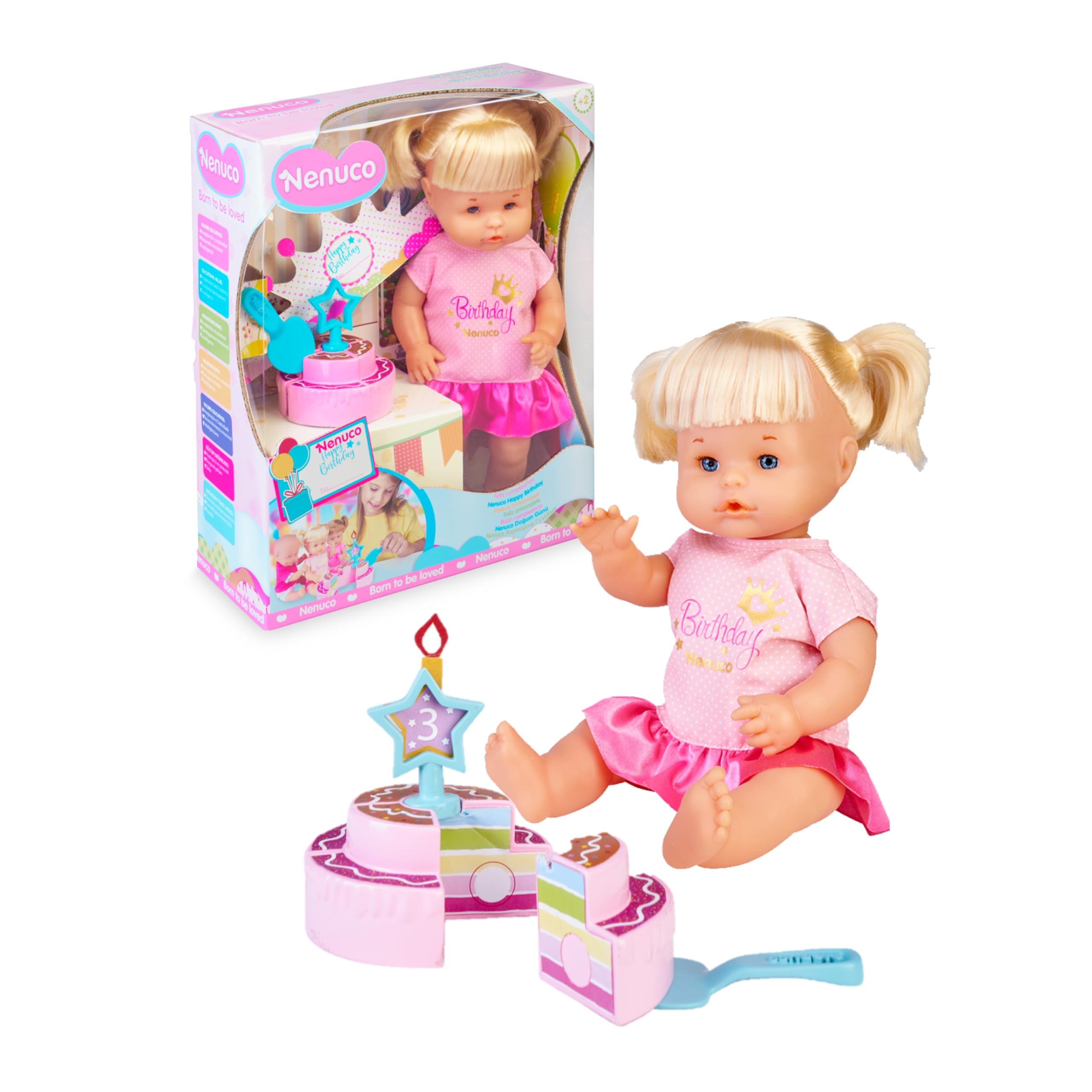 Nenuco - Feliz Cumpleaños, Muñeca bebé de Cumple para Regalar a los pequeños a Partir de 3 años de Edad con una Corona,Tarta de Juguete y Vela de número Intercambiable, Famosa Versión actual