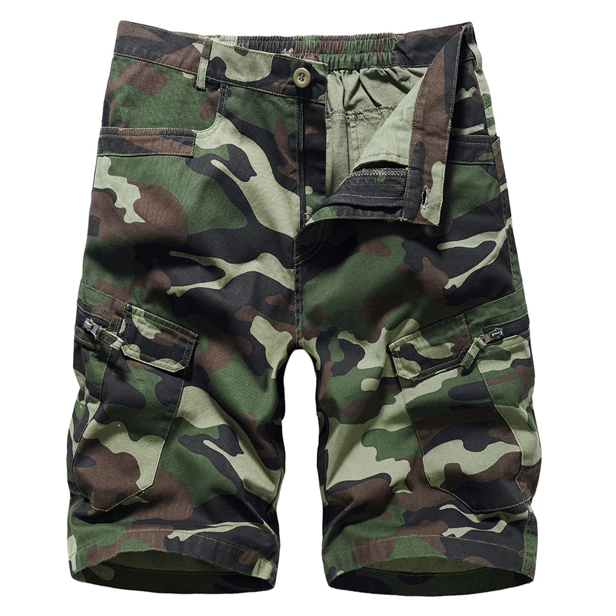 Lilychan Men's Cotton Camo Cargo Shorts Elastic Waist Relaxed Fit Multi-Pockets Casual Outdoor Lightweight Work Shorts