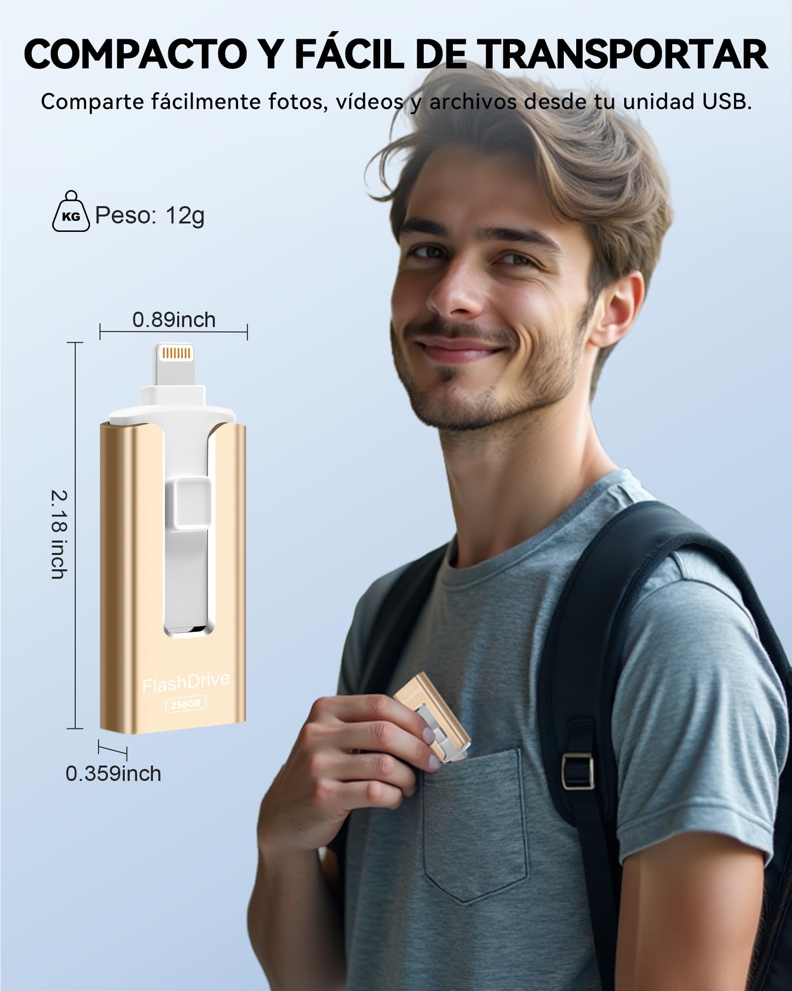 SUDEHO MFi Certified Chiavetta USB per iPhone, 256 GB, 4 in 1, Chiavetta USB Esterna, USB 3.0 Flash Drive per Memorizzare Più Foto Video, USB C Flash Drive per iPad/iOS/Android/Mac/PC, Oro