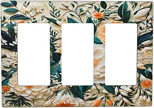 Decorative Outlet Covers Rustic Big Flowers Abstract Floral 3 Gang Wall Plate Triple Rocker Light Switch Cover Plate Jumbo Electrical GFCI Faceplate for Country Bedroom Home Decor