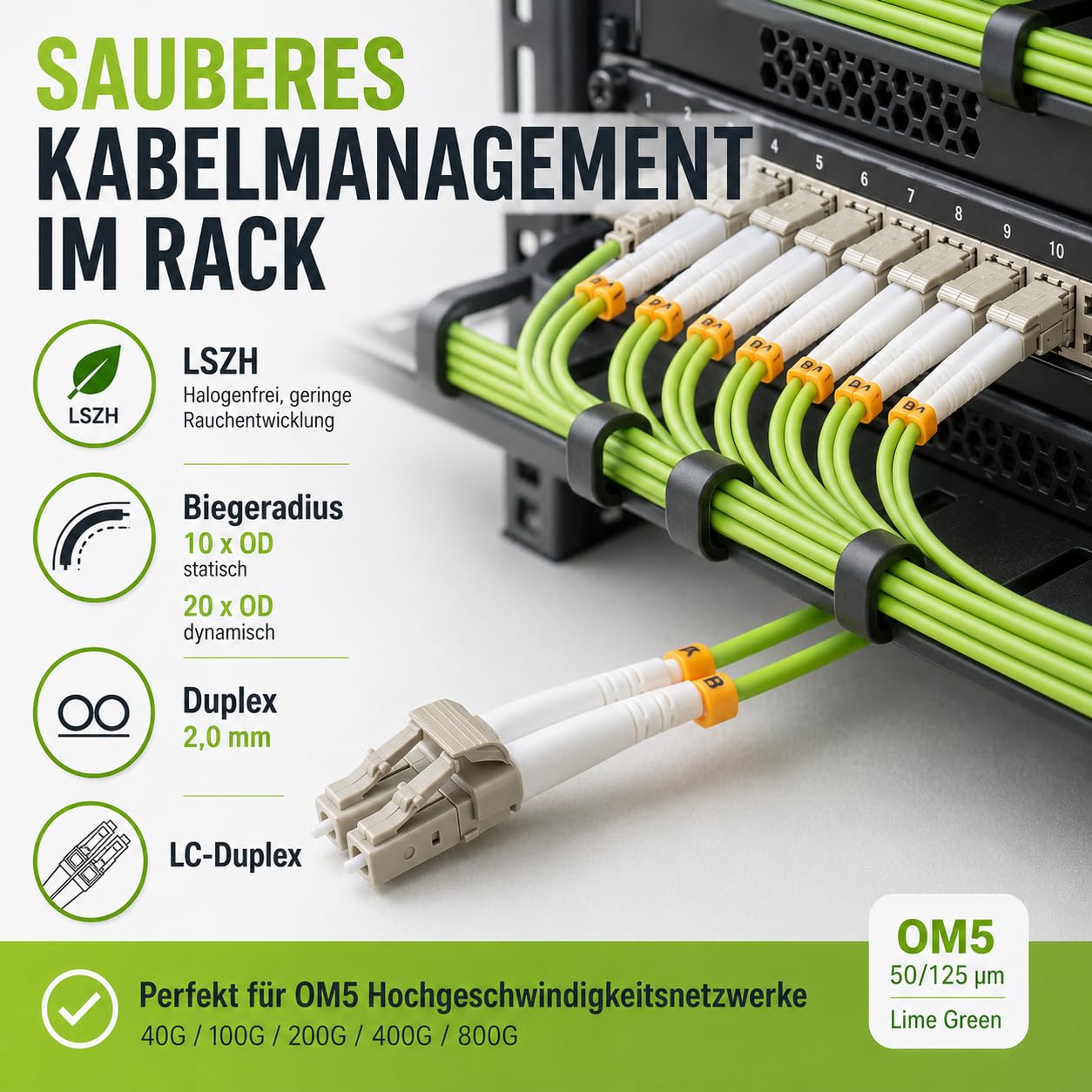 1 câble de brassage duplex 30 m OM5 LWL DX LC/UPC - LC/UPC MM multimode - 50/125 µm LSZH vert citron