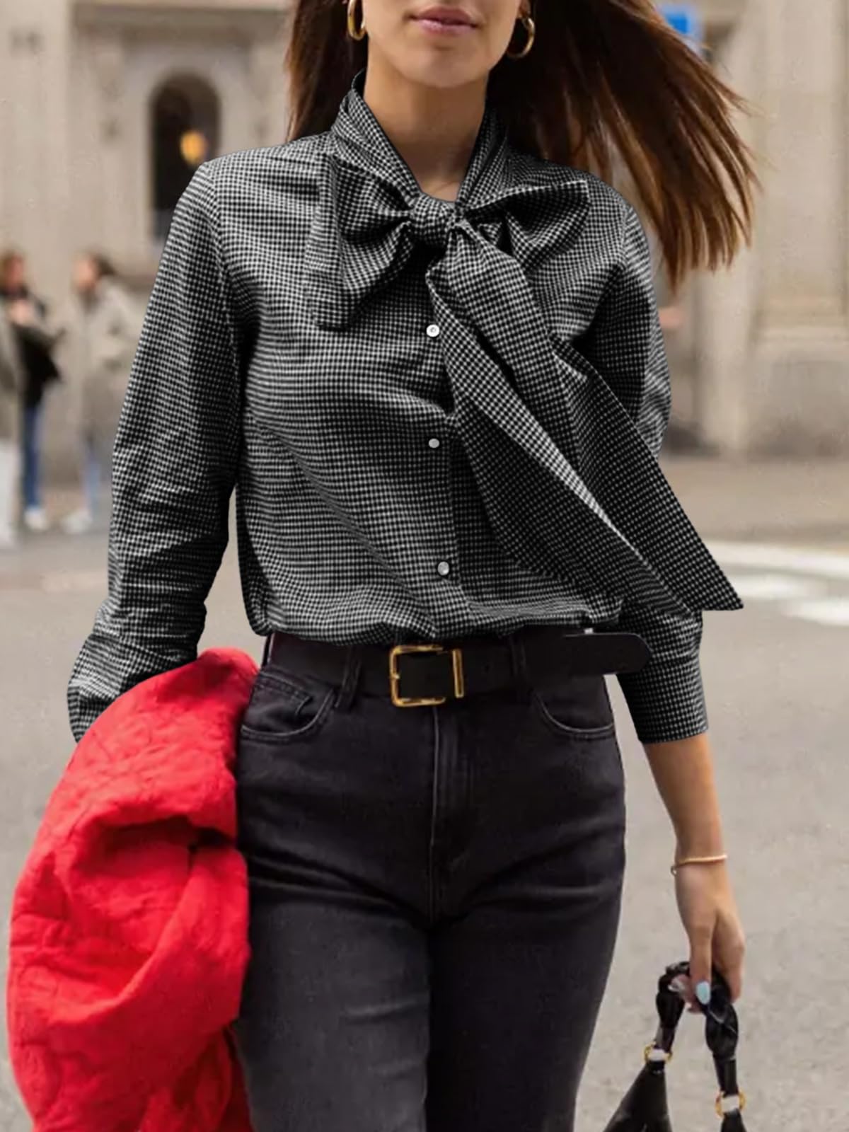Cicy Bell Camicetta da donna a quadri con fiocco, collo con bottoni, a maniche lunghe, stile casual
