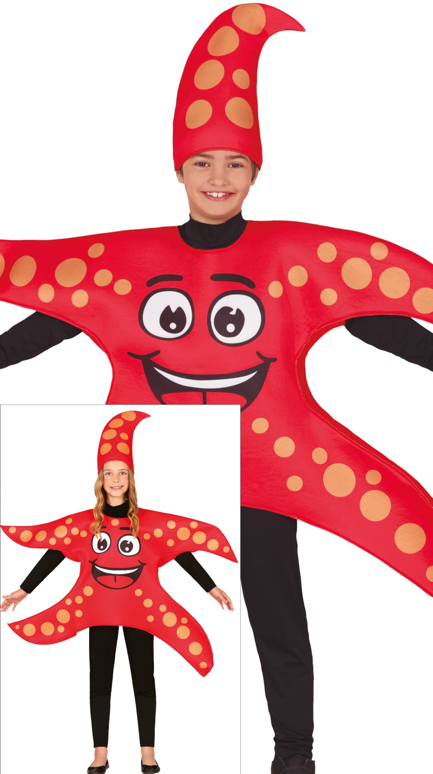 FIESTAS GUIRCA Bubbly Starfish Fancy Dress for Boys or Girls, Red Starfish Tunic & Hat
