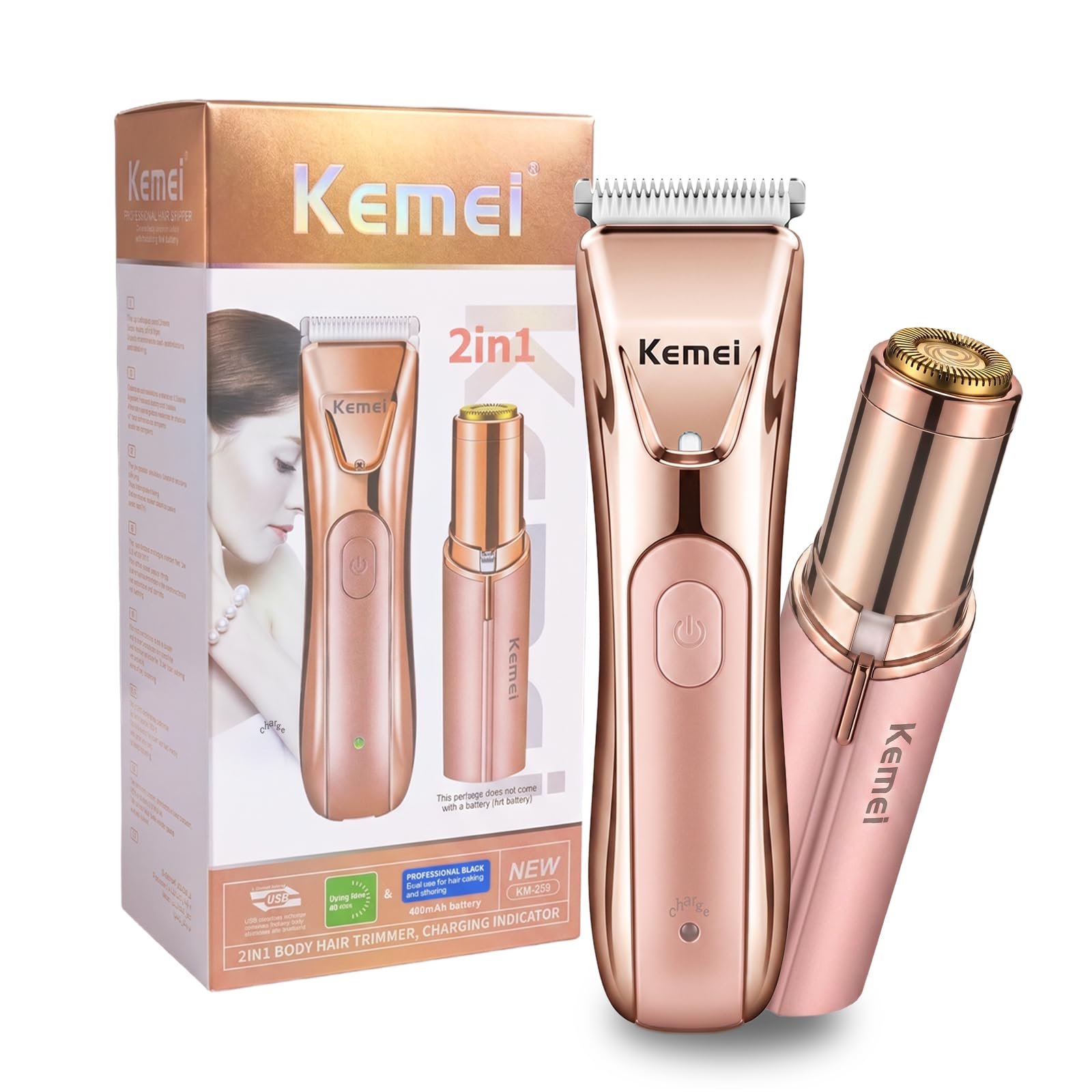 KEMEI 2-in-1 Elektrischer Damenrasierer & Trimmer, Kabelloser Haartrimmer Intimbereich, Keramikklinge & LED Licht, Sanfte Haarentfernung für Gesicht, Bikinizone, Achseln, Beine (Champagne)