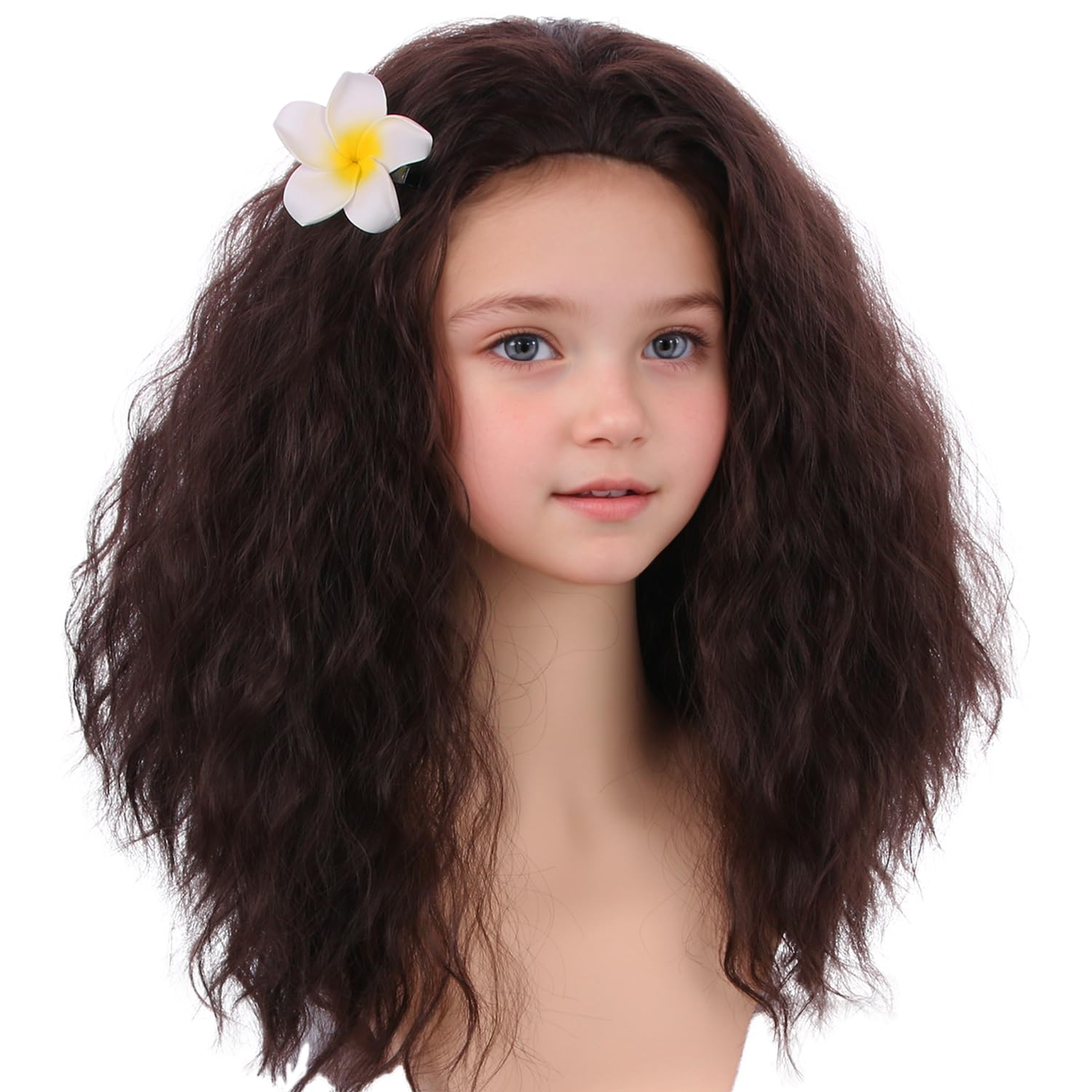 WAVELNM Long Brown Wigs for Kids Girls Dark Brown Curly Wavy Wigs Child Costume Wig with Flower Halloween Wig