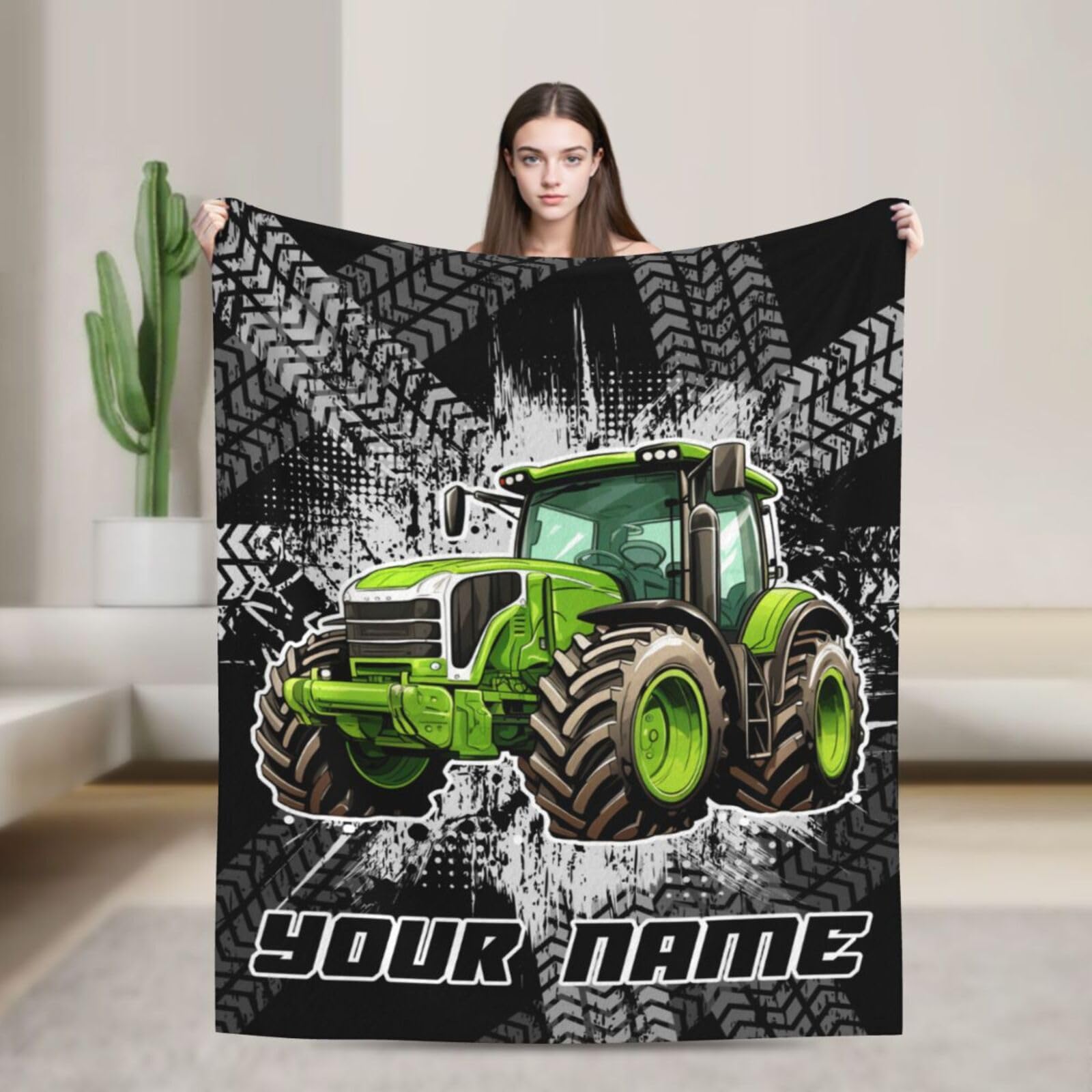 Homieblanket Custom Tractor Blanket with Name for Women Men, Personalized Cute Tractors Themed Design Printed Purple Throw Blankets for Teens Adults