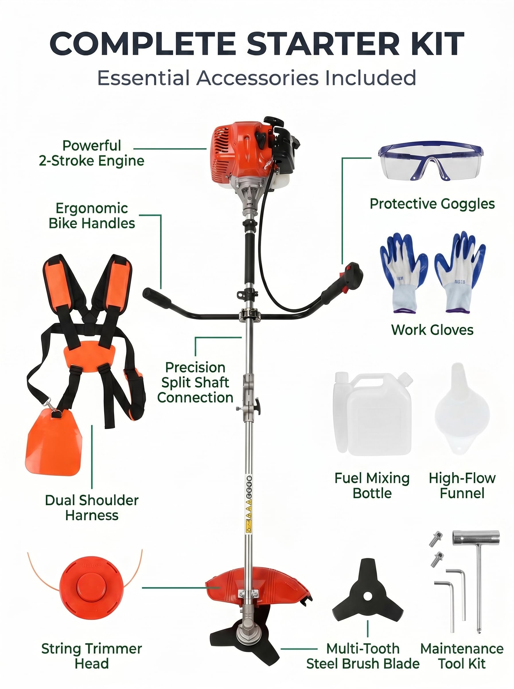 Wacker de malezas a gas 2 en 1, 52 cc, 2 ciclos, desbrozadora de césped a 8500 rpm de alta potencia, cortador de cepillo para patio y jardín, accesorios de protección de funcionamiento completo