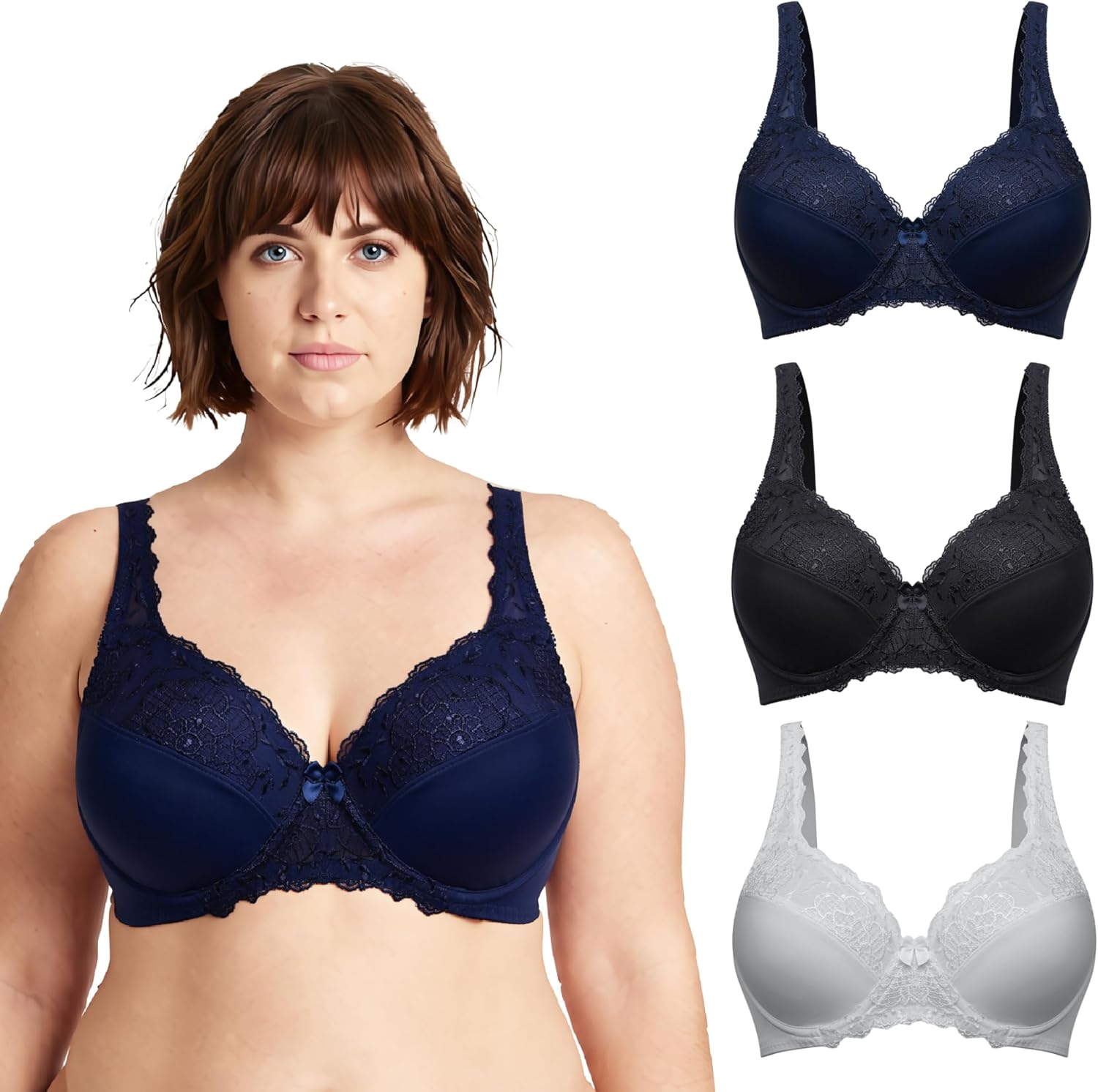 Curve Muse Plus Size Minimizer Underwire Unlined Bra with Embroidery Lace-3Pack