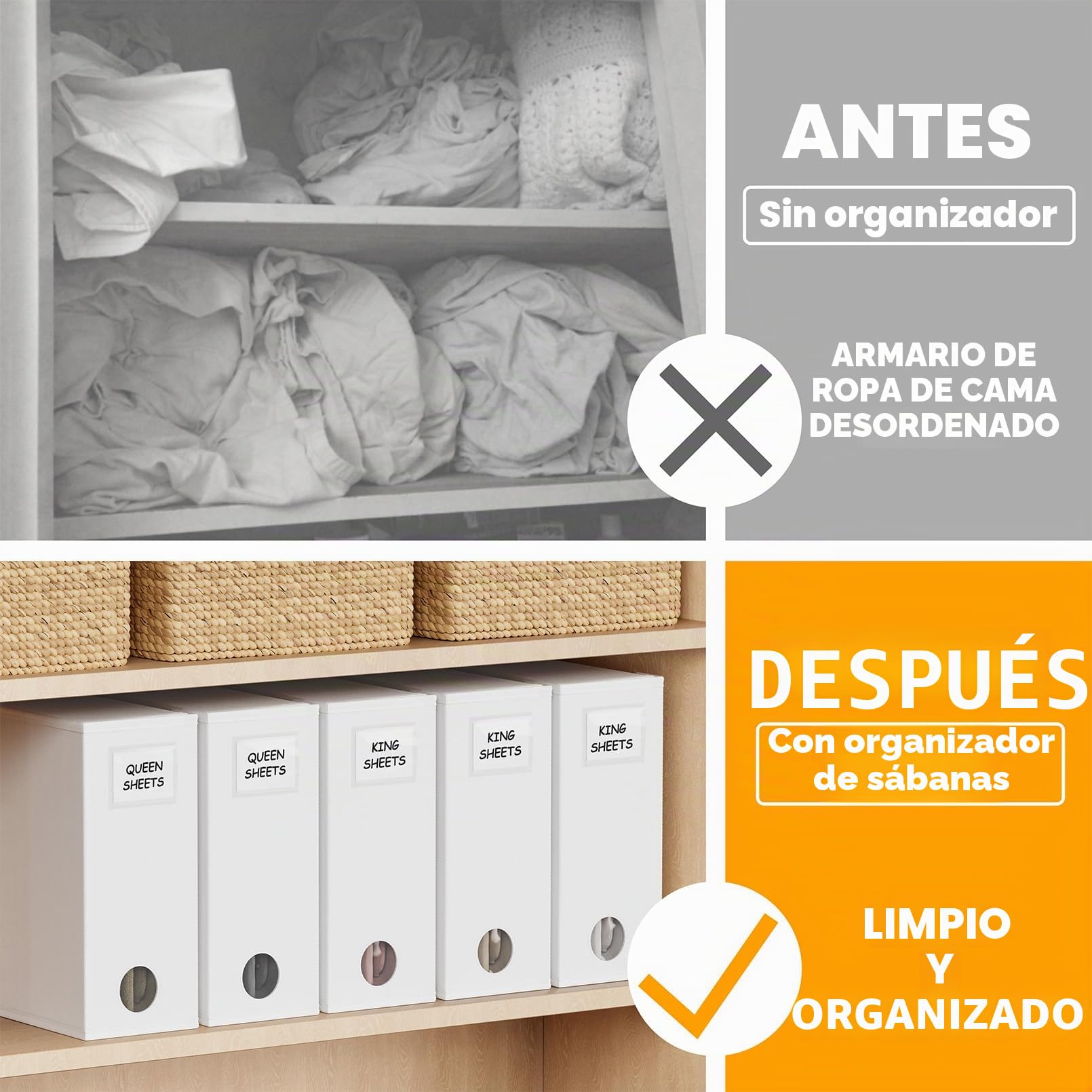 SpaceAid Paquete de 5 organizadores de sábanas y almacenamiento, organizador de sábanas plegable para armario de lino, juego de sábanas con ventana XL (tamaño Queen y King), contenedor organizador de