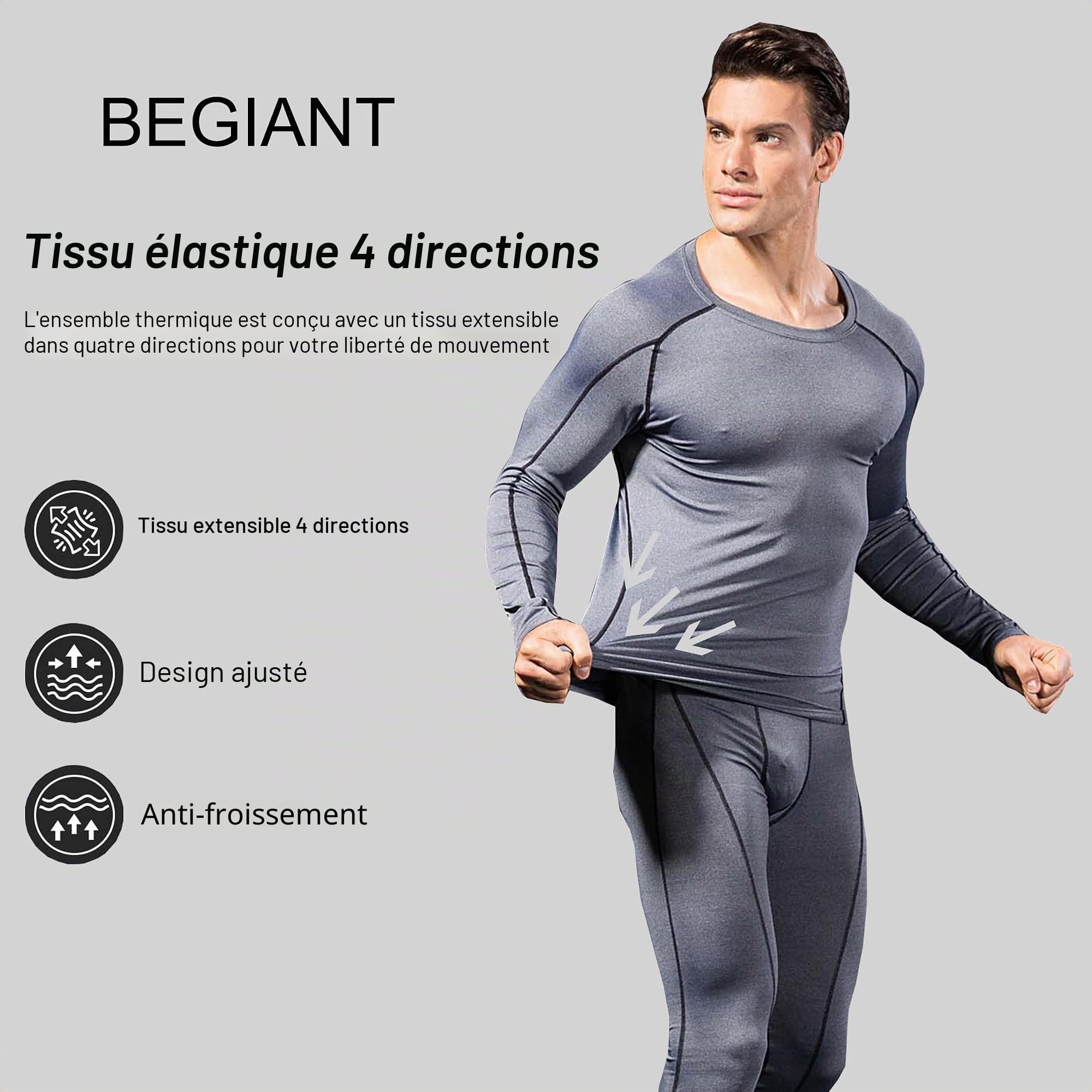 Ensemble de sous-vêtements Thermiques Homme en Compression Haut Manches Longues & Pantalon Respirant pour Ski Cyclisme et Sport d'hiver Garde au Chaud