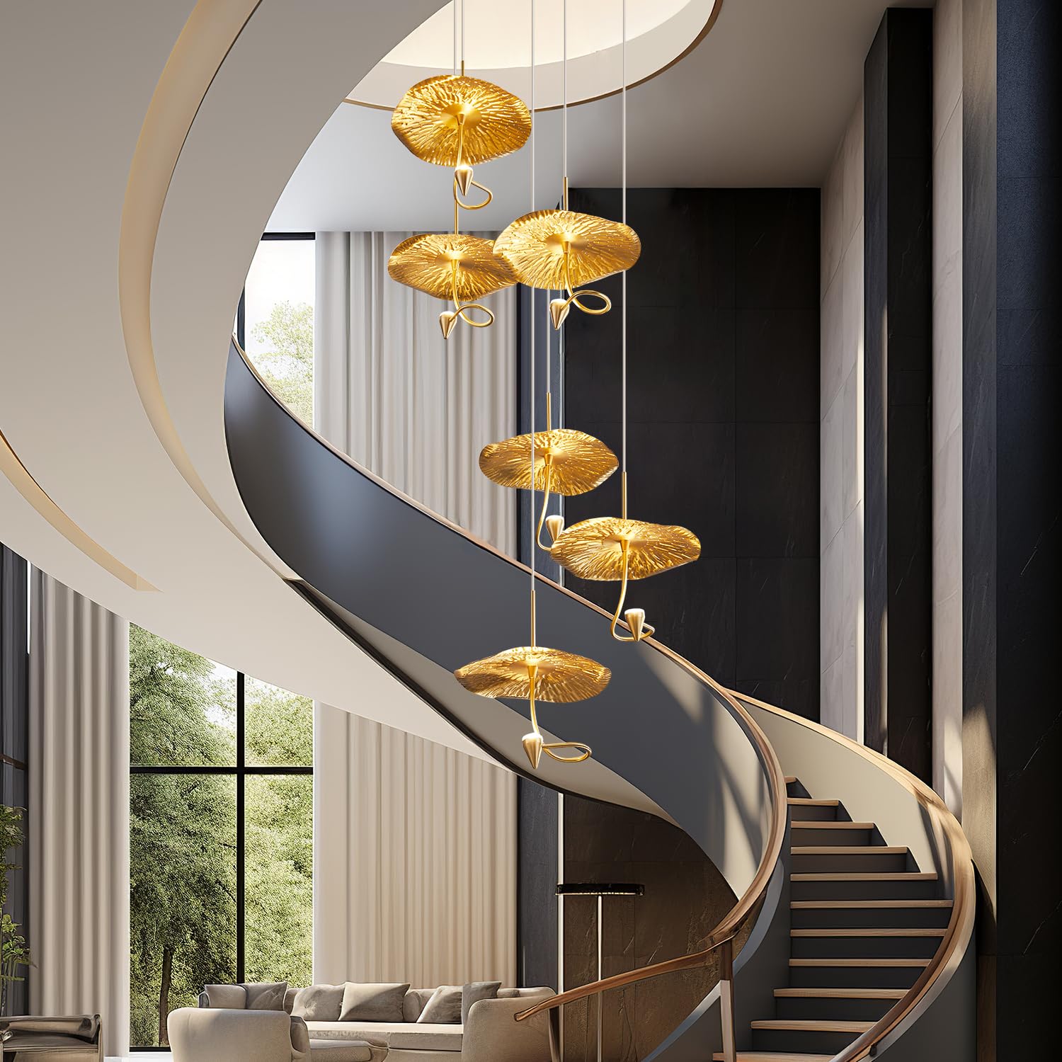 BERHZIMD 6-Light Gold LED Staircase Chandelier for High Ceilings,Large Long Pendant Lights Fixture Villas Modern Hanging Light Fixture,Entryway and