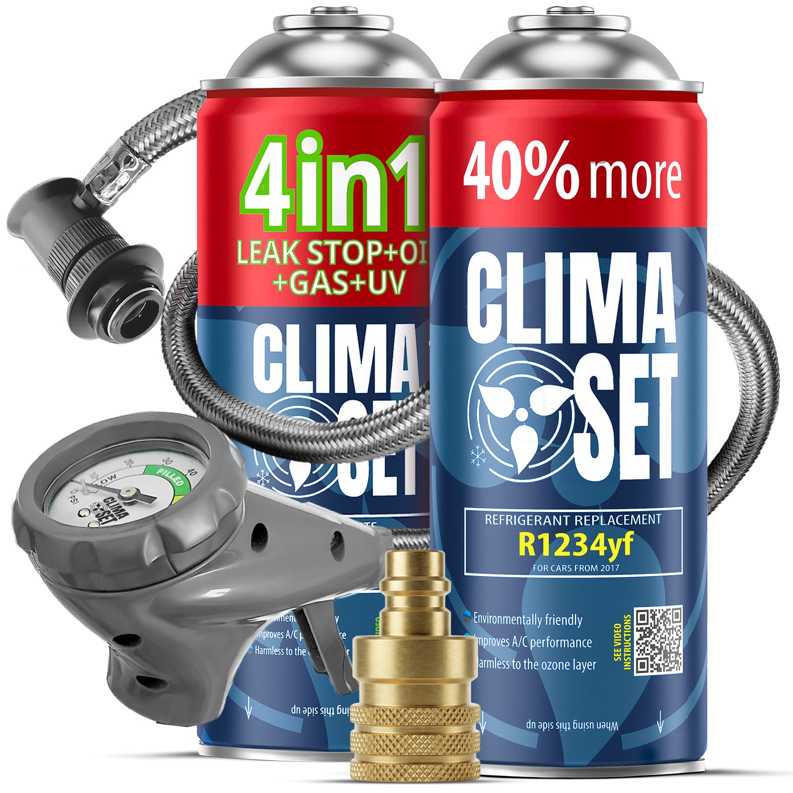 CLIMASET - Automotive AC Recharge Kit - 4in1 R1234yf + G-R1234YF-CS-XL + hose + YF adapter - For Vehicles After 2016, Featuring a Modern Ergonomic Hose with Pressure Gauge