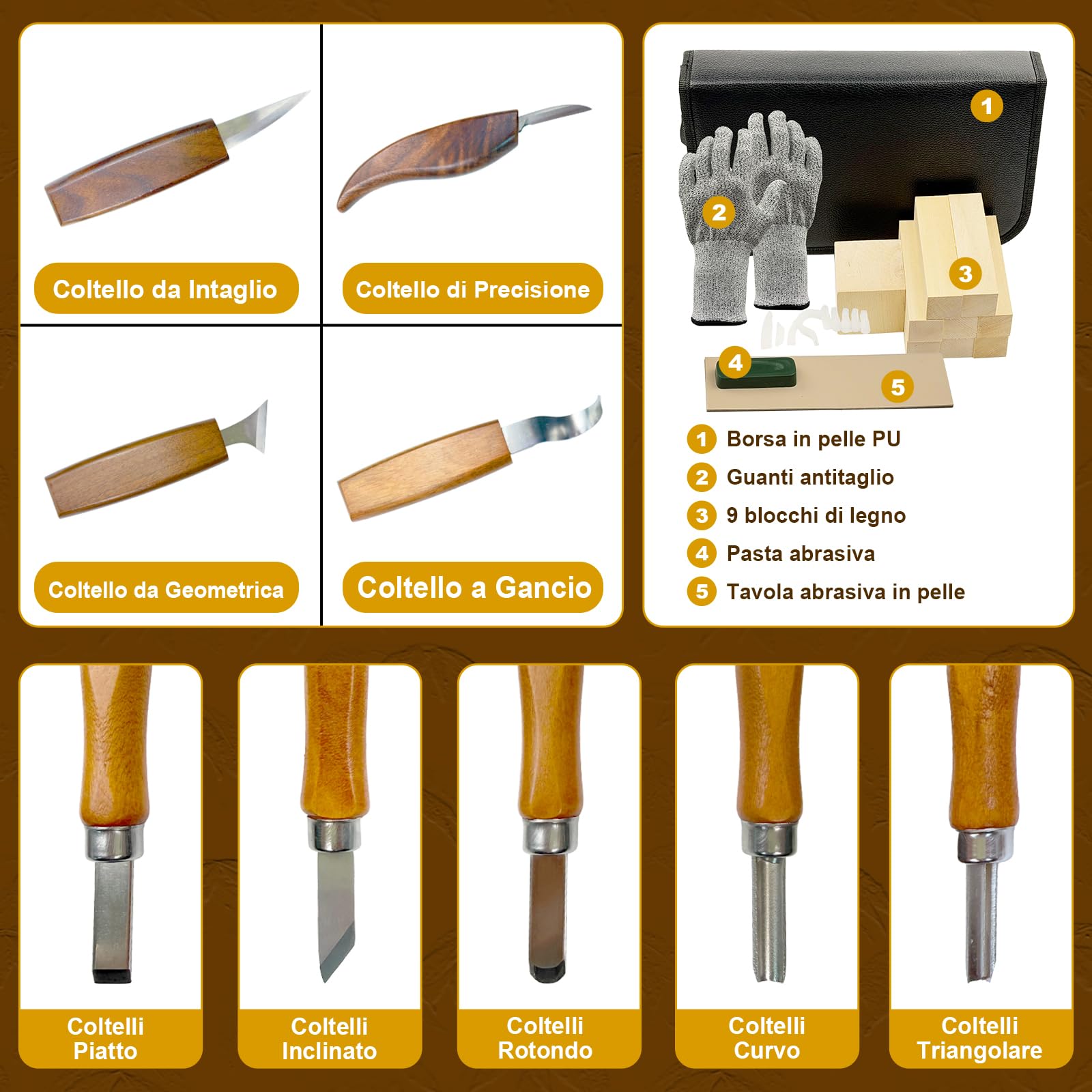 Set di utensili da intaglio da 23 pezzi, per amanti del fai da te, principianti, utensili professionali per intaglio in legno, per adulti e principianti, con ispirazione e stimolazione artistica
