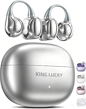 King Lucky Next-gen Clip on Earbuds Open Ear Wireless Bluetooth 6.0 Headphones with Mic,50H Play,ENC,IPX5 Waterproof,Sports Ear Buds,Comfortable for Small Ears&Fitness,Run Silver, Standard
