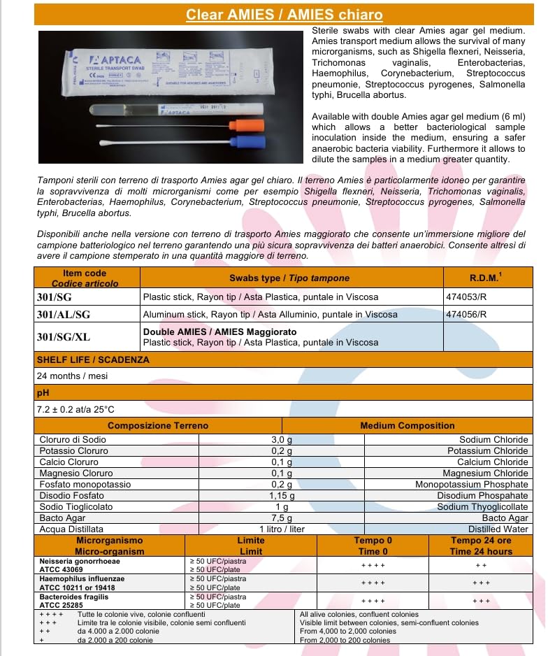 TAMPONE STERILE CON TERRENO DI TRASPORTO AMIES