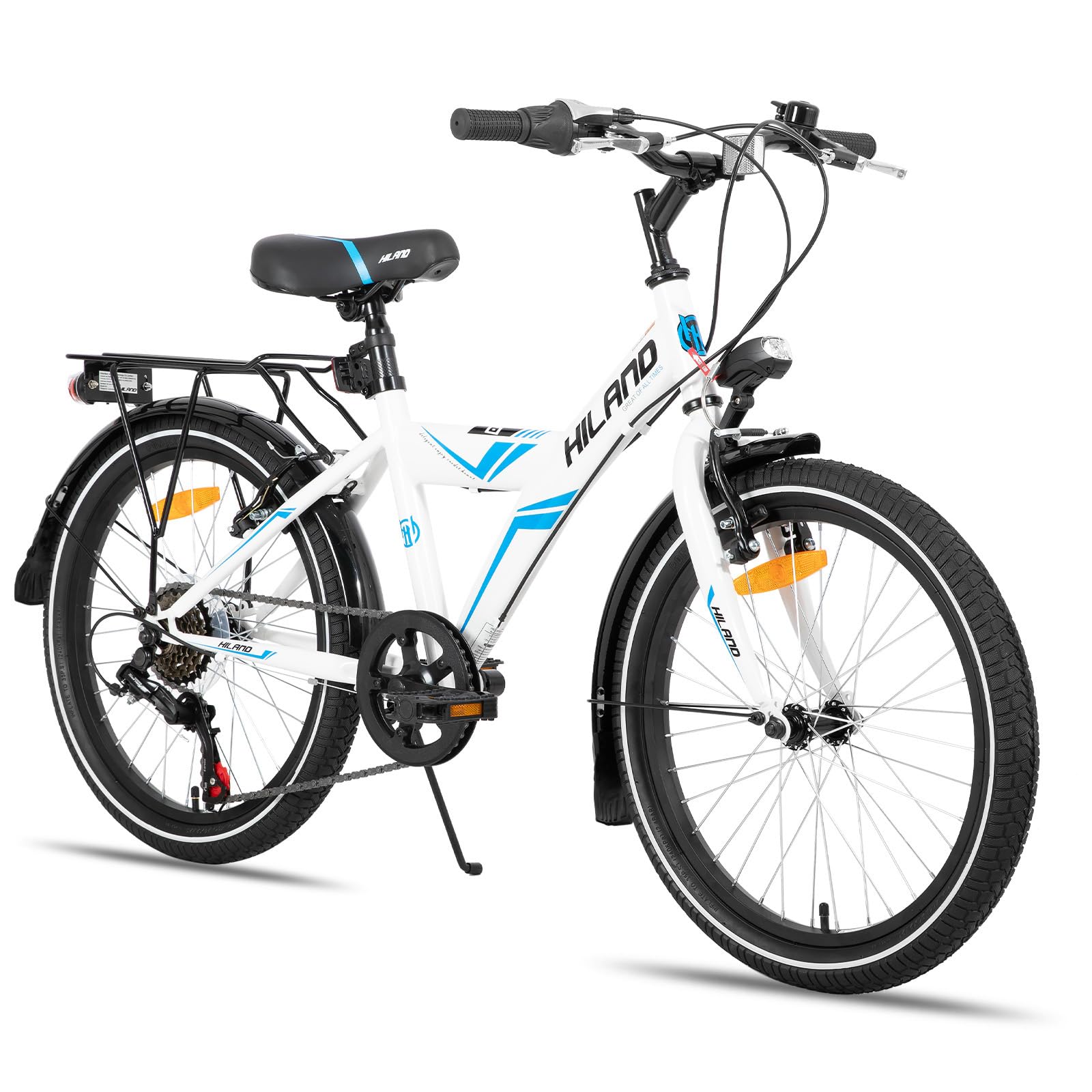 HILAND Sentry 20 Inch Kids Bike with Rear Rack, Dual Hand Brakes, 6-Speed Gears Kids Bike, Children's Bicycle with Kickstand, High-Carbon steel Frame, White