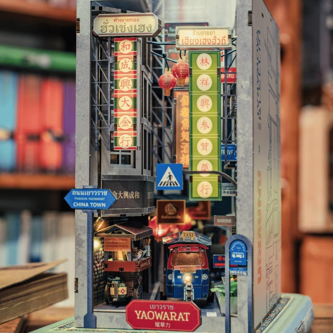 Anavrin Book Nook Kit Bangkok Yaowarat DIY 3D Wooden Booknook for Adults, Teens and Book Lovers, Bookshelf Insert Library Decor, Creative Gift for Family, Friends, and Elderly