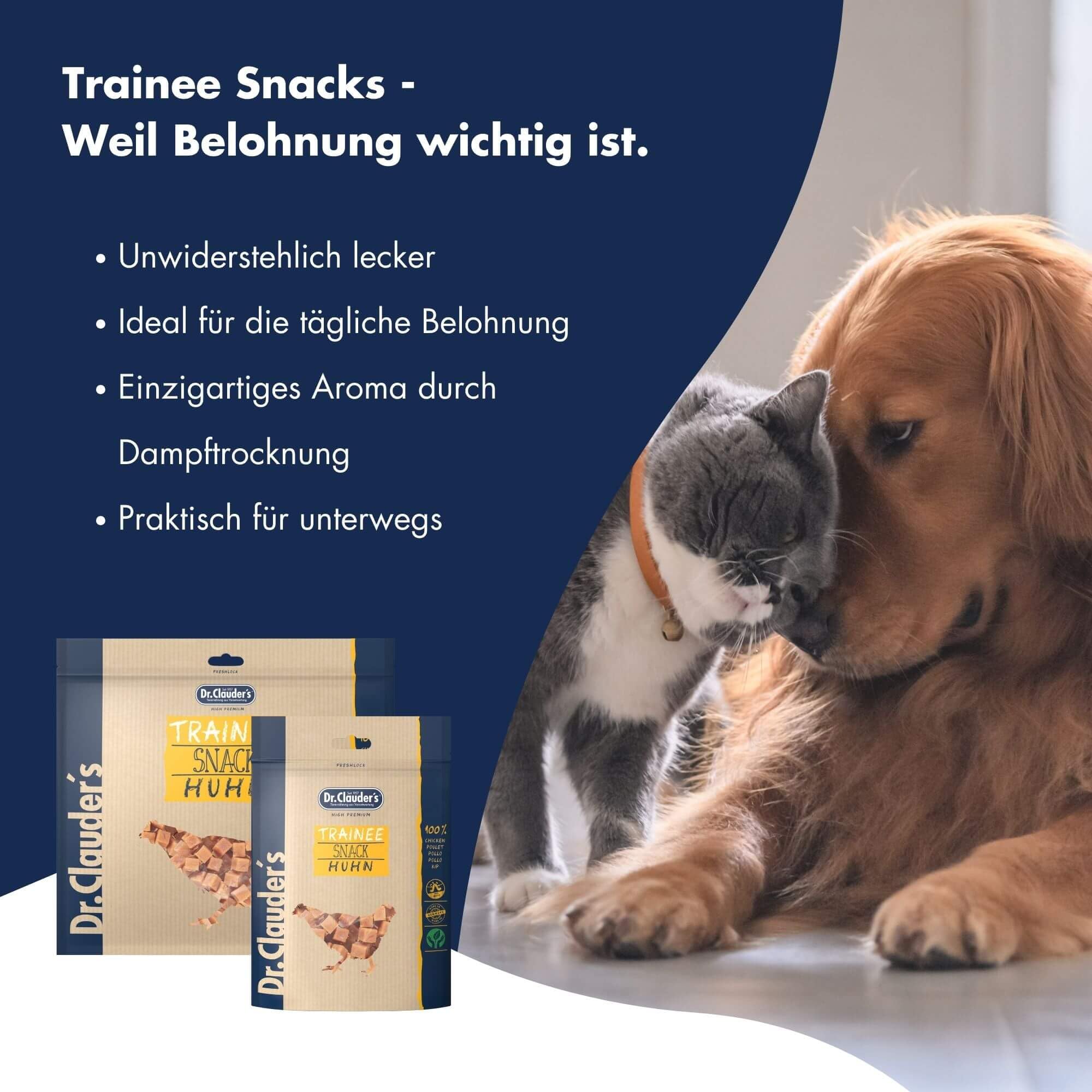 Trainee Snack Pollo | Premio para Perros y Gatos | 500 g | con FOS | Dr. Clauder's | Alimento complementario para perros y gatos | 95 % carne de pollo | Secado al vapor con cuidado