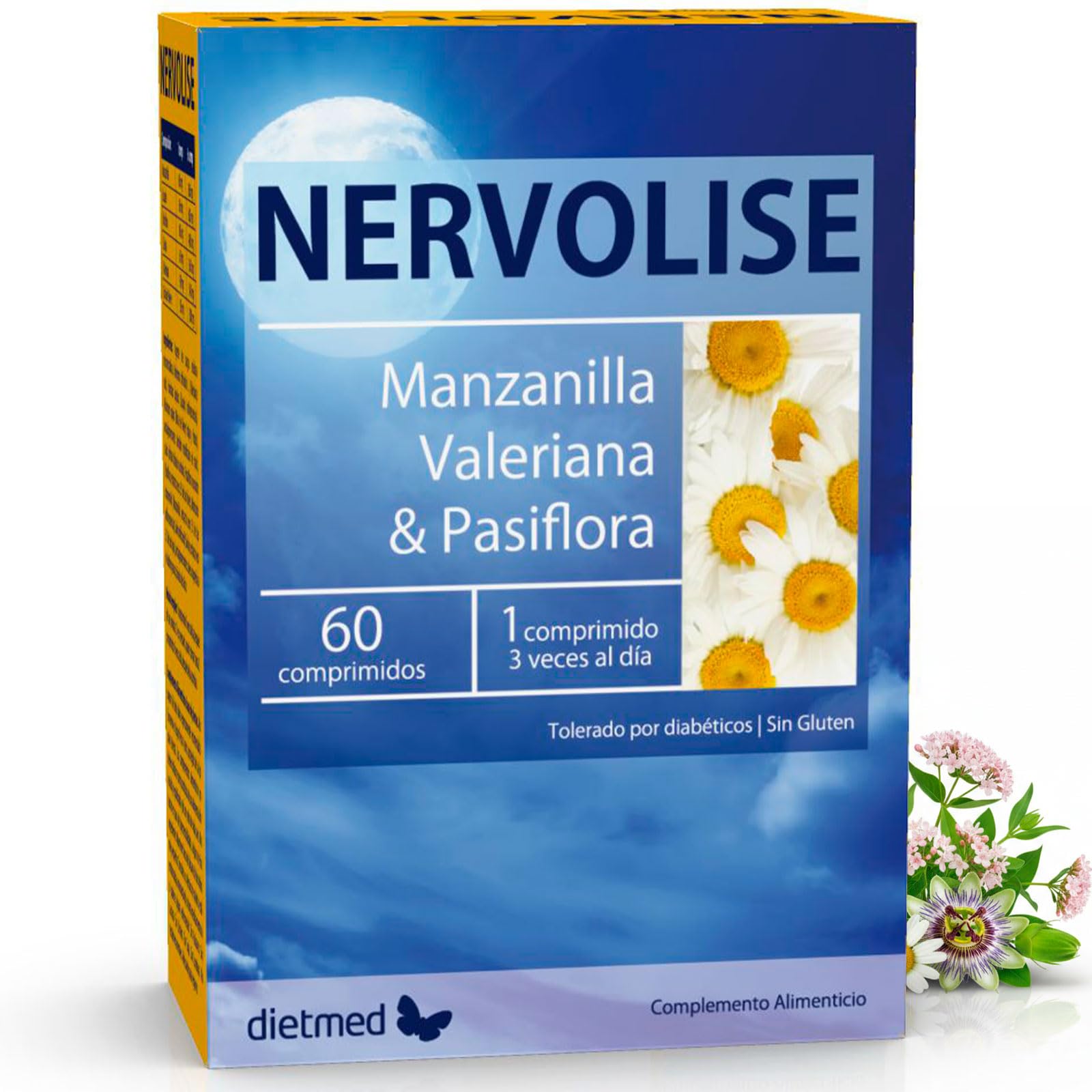 Nervolise - Nervios y Estrés Natural - Con Valeriana, Pasiflora y Manzanilla - Apoyo al Sistema Nervioso y Relajación Diaria - Fórmula Herbal 60 Comprimidos - Sin Gluten - Dietmed
