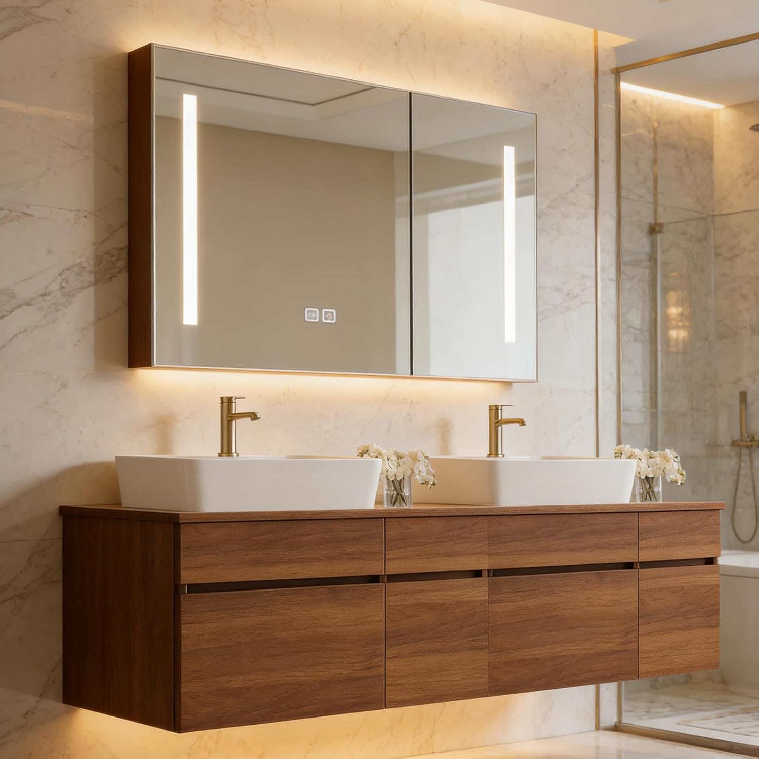 Elysionix 63 inch Floating Bathroom Vanity with Double Ceramic Sink, Bathroom Cabinet Vanity Suite with Two Countertop Sink, Brown