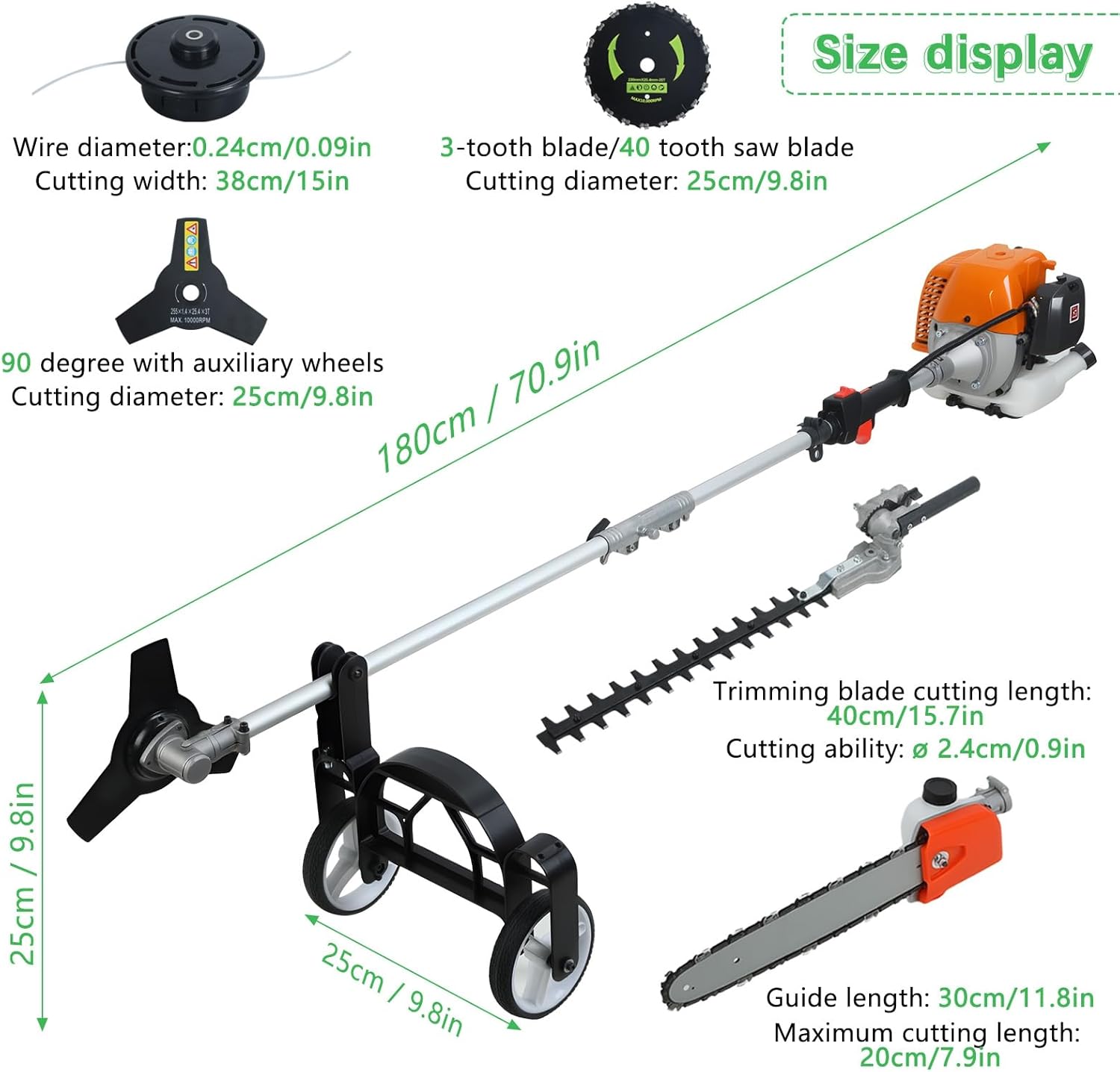 Weed Eater Gas Powered, 52CC 2-Cycle Hedge Trimmer Brush Cutter with Pole Saw String Trimmer Edger Auxiliary Wheel- Complete Lawn Care System for Homeowners 2.3KW Engine 1.2L Oil Tank Orange