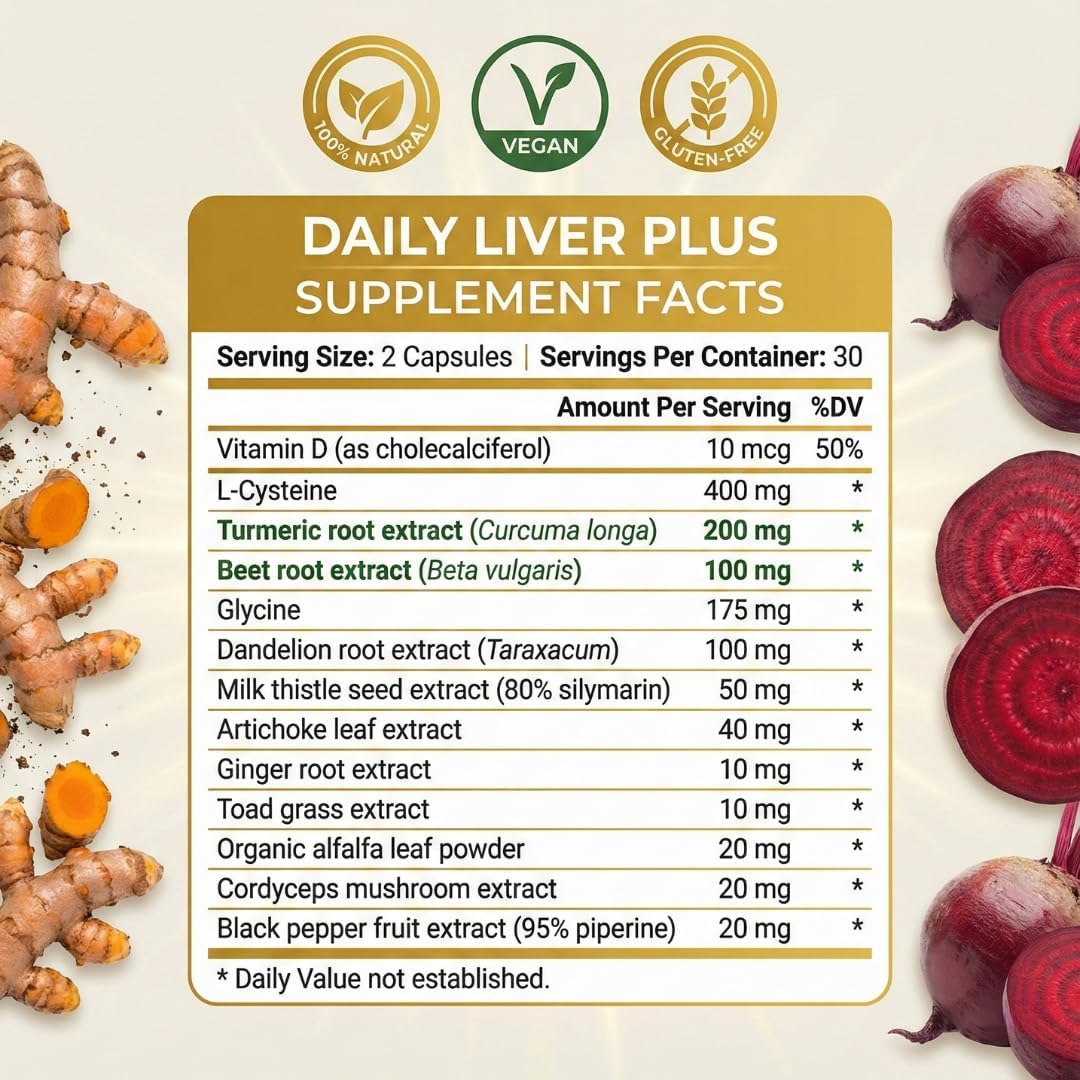 Daily Liver Plus Liver | 60 Capsules Liver Cleanse Detox & Support Supplement with Milk Thistle, Dandelion, Turmeric, Artichoke for Enhanced Liver Health & Repair - Ideal for Daily Use