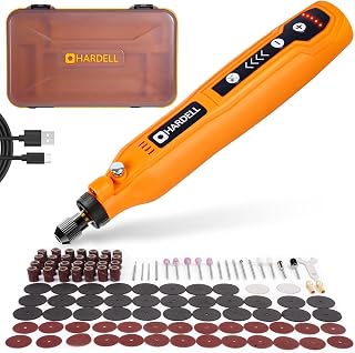 HARDELL Mini Akku Rotationswerkzeug mit LED, 5 Geschwindigkeiten (5000-18000 U/min), 3,7V Multifunktionswerkzeug Set mit 69 Zubehör, Gravurset für Resin, Holz, Glas, Basteln (Orange-129pcs)