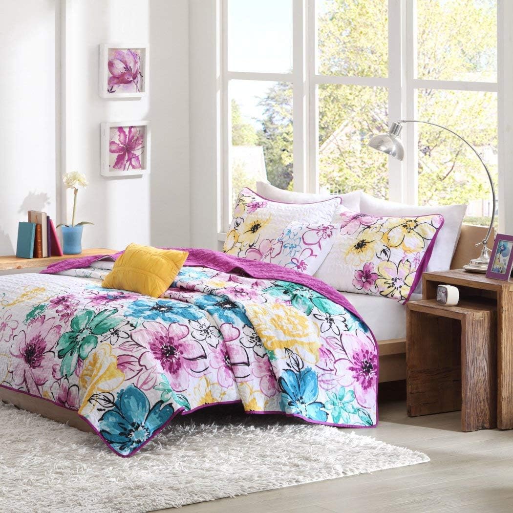 Reversible Coverlet Bed Set Girls Teen Bedding Floral Flowers Teal Green Yellow Purple Twin Xl (twin/twin xl)