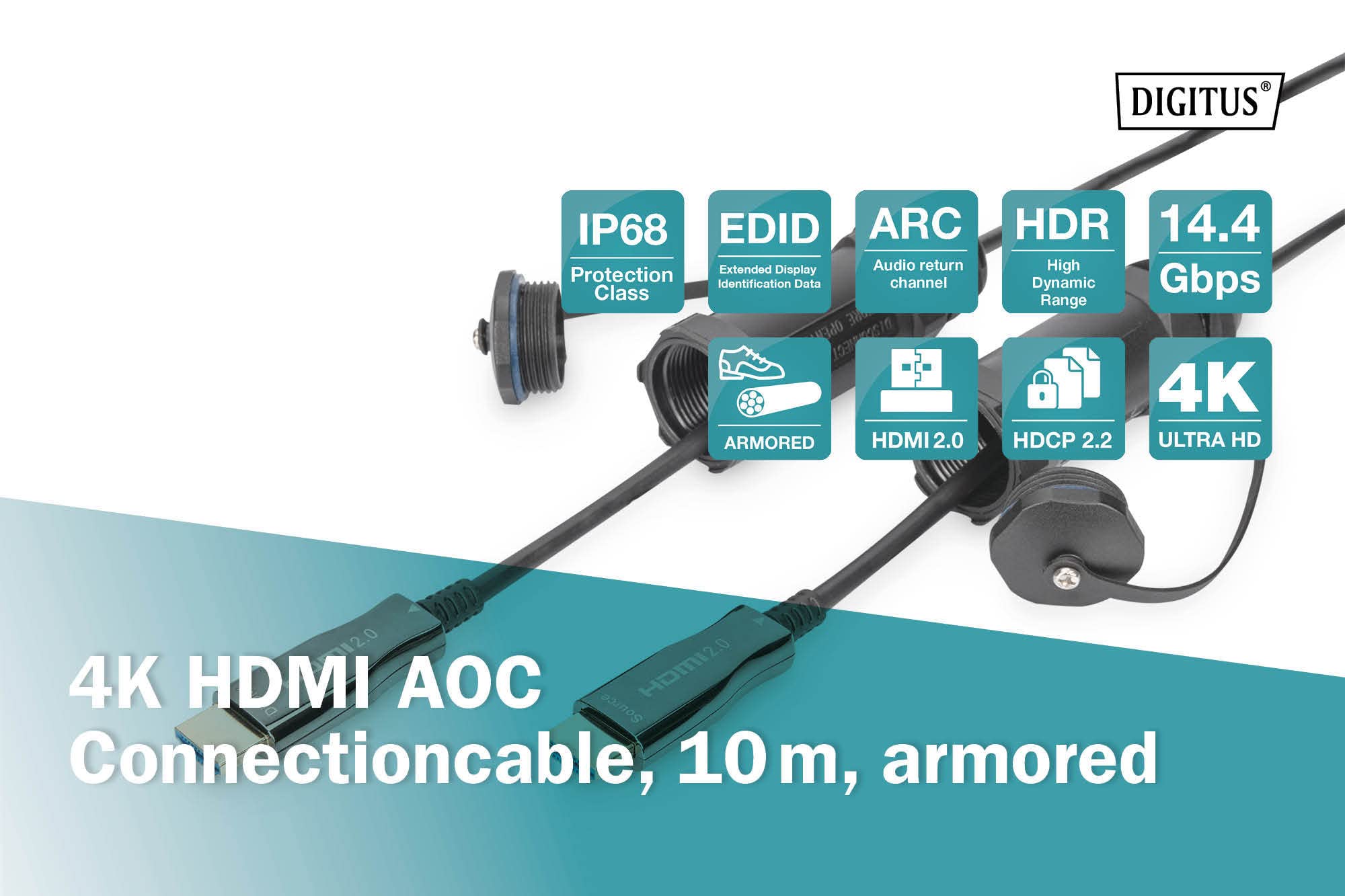 DIGITUS HDMI AOC cable híbrido de fibra óptica - 10m - HDMI 2.0 - 4k/60Hz - funda protectora blindada - IP68 - compatible con TV/beamer/monitor - negro