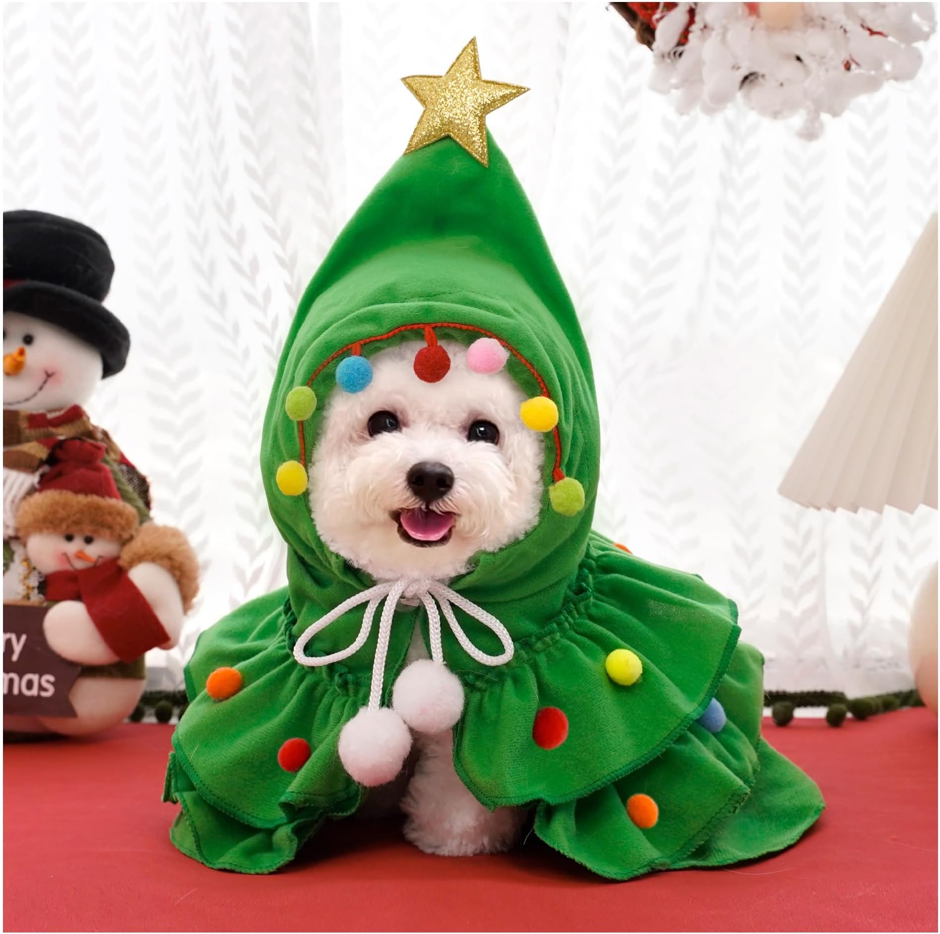 TAPIT Dog Christmas Costume Pet Xmas Cloak with Star and Pompoms Christmas Dog Cape with Hat Xmas Tree Costumes Hooded Dog Santa Cloak for Small Dogs and Cats (Green, L)