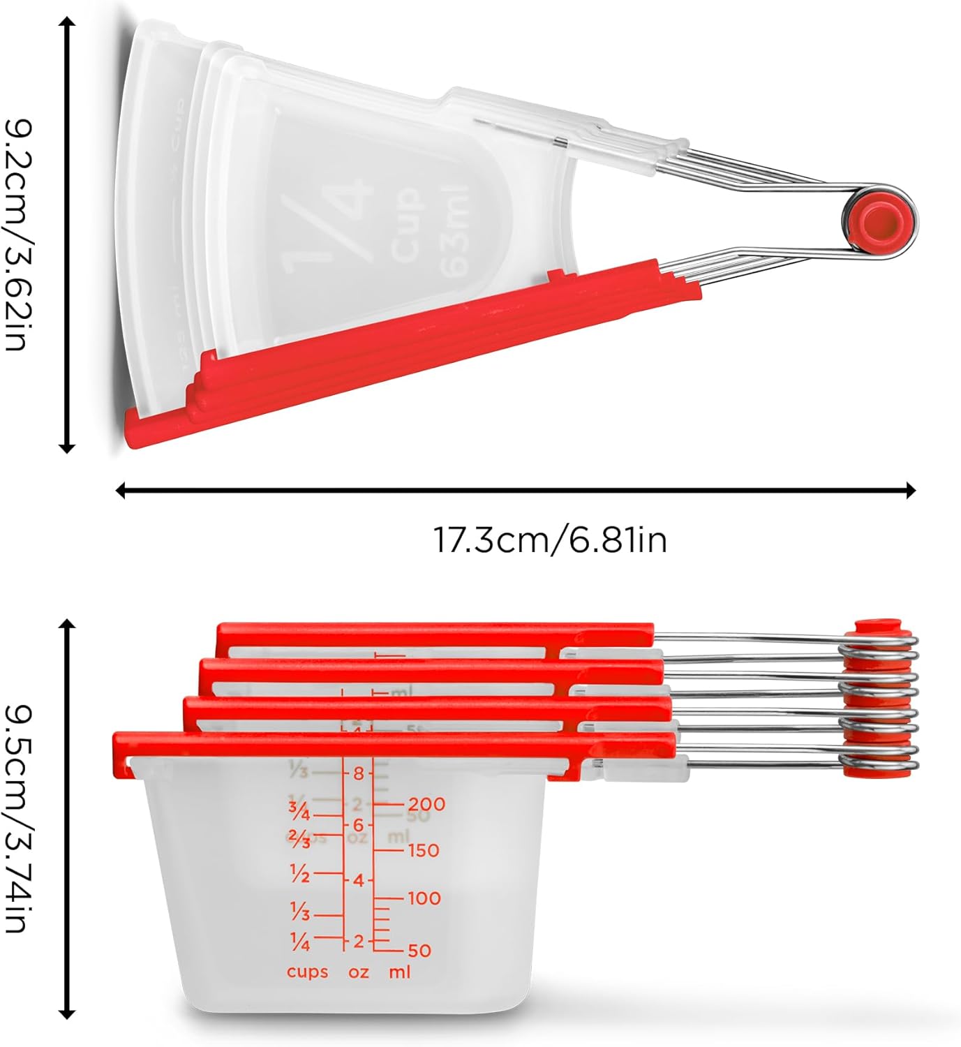 Dreamfarm Levups Self-Levelling Measuring Cup Set, Metric & Imperial Measurements up to 1 Cup - Pack of 4, Red