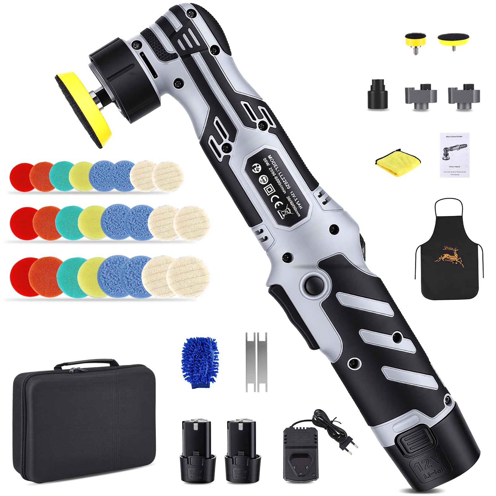 Pulidora inalámbrica, 6 velocidades 2500–6500 RPM, modo orbital 5/12mm y rotatorio, 2 baterías 12V, lijadora para coche para pulir, encerar y reparar rasgos