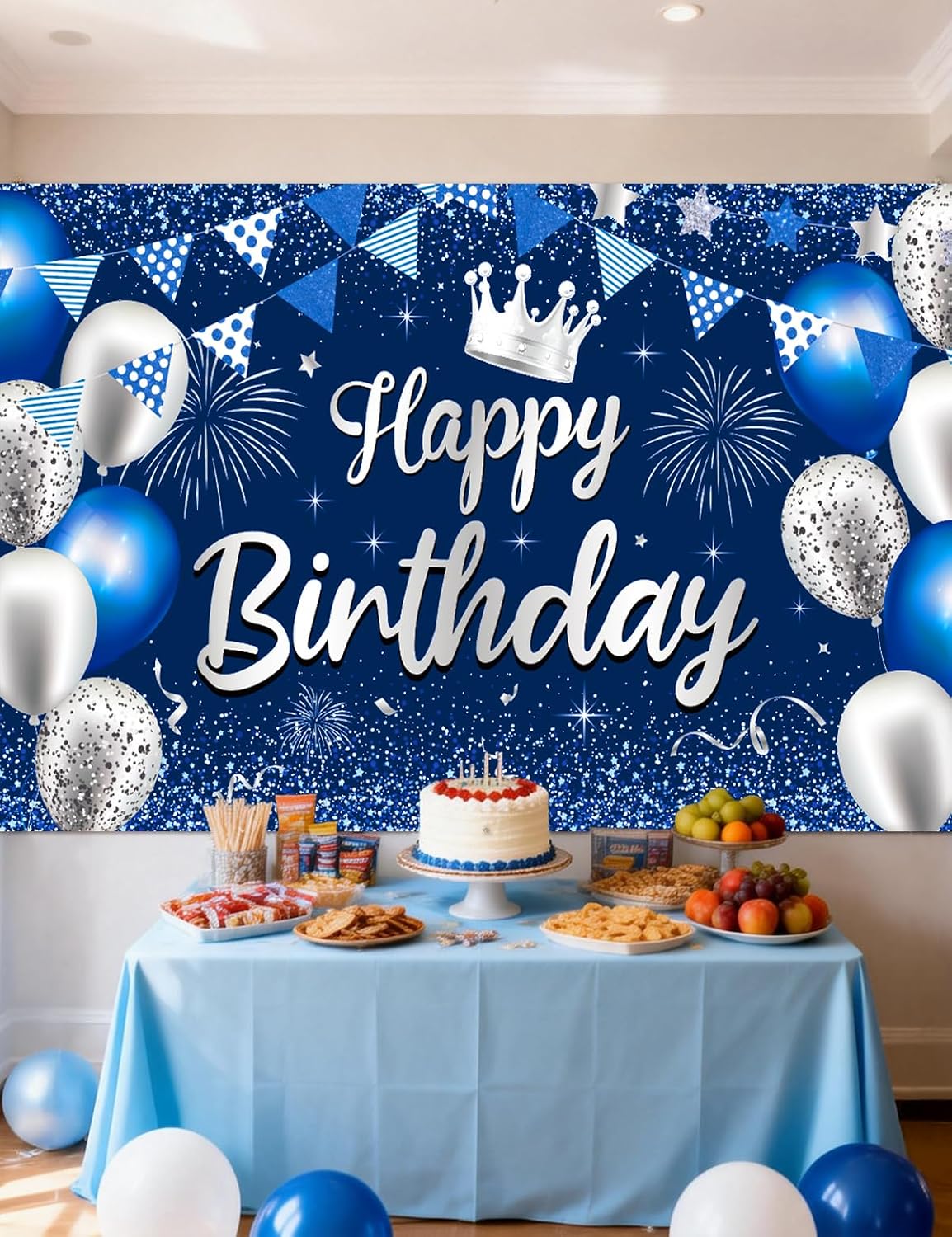 Blue Happy Birthday Banner Backdrop -73"×43" Large Fabric Blue Sliver Birthday Poster,Hanging Photo Background Birthday Party Decoration,Royal Blue Birthday Banner for Men Women Boys Girls