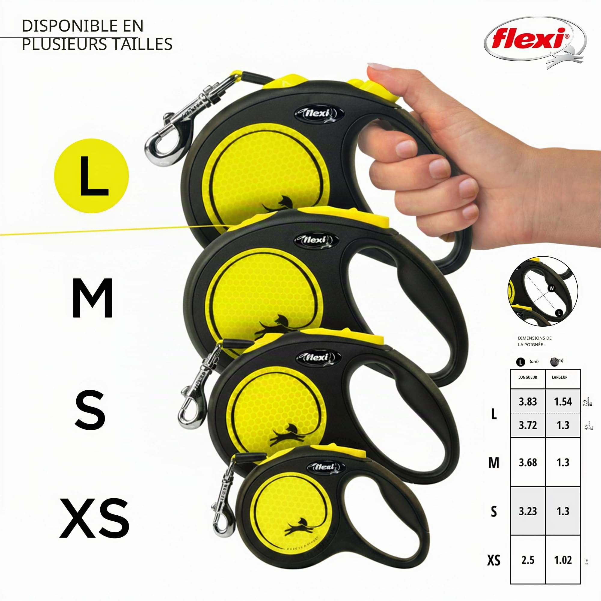 Flexi Laisse néon pour Chien avec Bande réfléchissante, Ergonomique, Durable et sans nœuds, 4,9 m, Taille L, Couleur Fluo/Noir