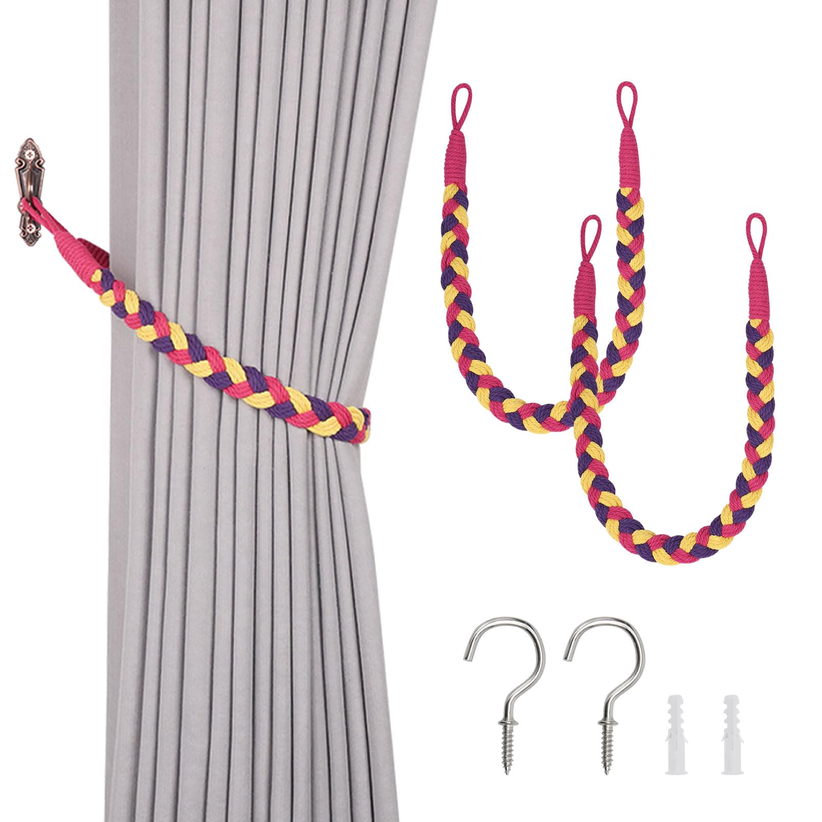 Pretty Jolly 2 Pack Natural Cotton Rope Curtain Tiebacks Elegant Boho Style Decorative Drape Tie Backs Soft Hand-Woven Rope Curtain Holdbacks with Metal Hook for Home & Office Drapery (Tropical)