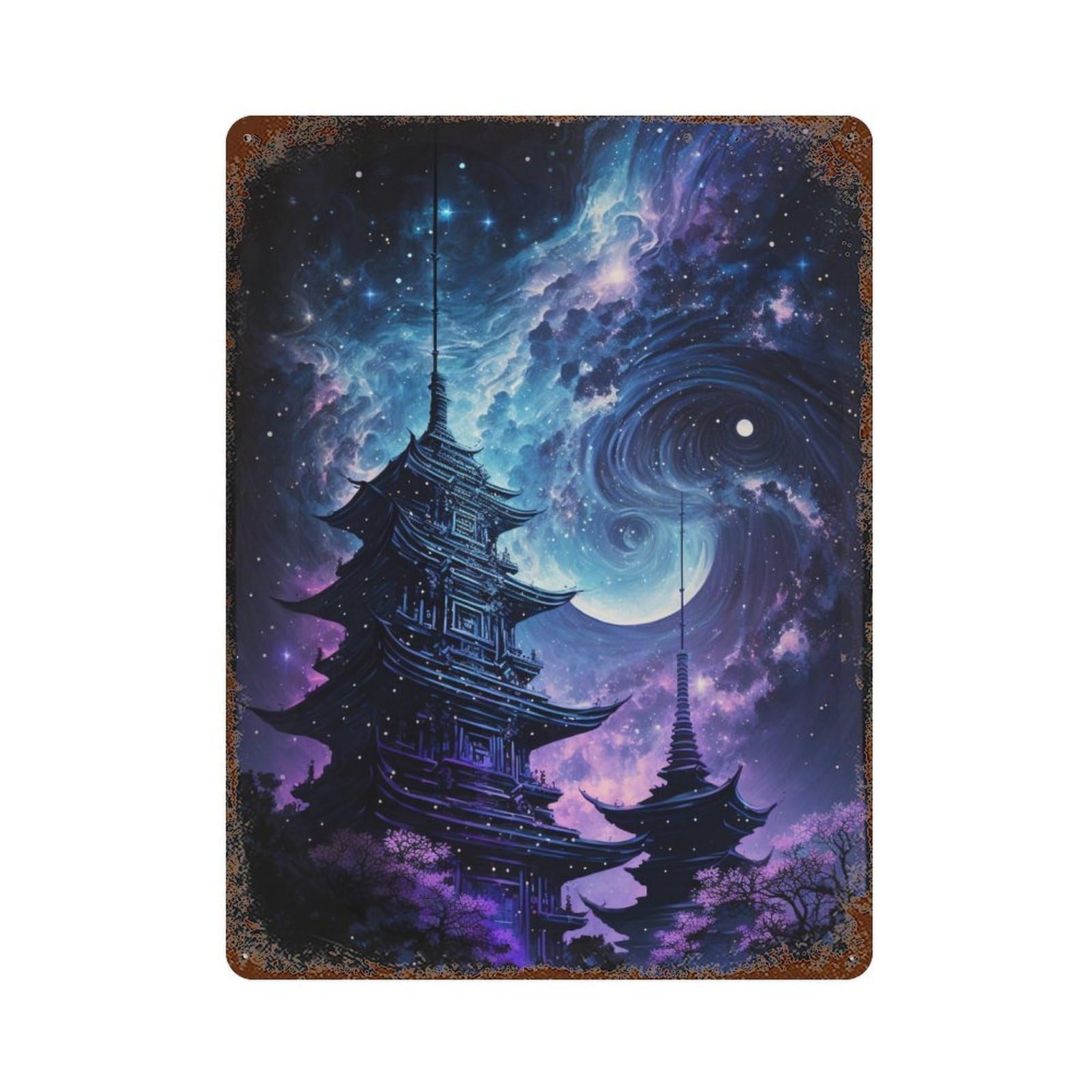Galactic Pagoda Dreamscape 15.7"x11.8" Distressed Metal Wall Sign, Industrial Home Decor for Patio, Garden Room And Bar Decor