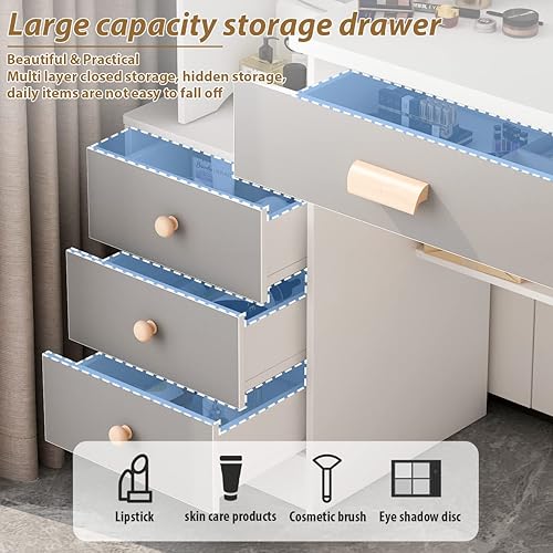 Miniatura 5 de Tocador pequeño de maquillaje con espejo, 4 cajones y estantes, tocador y taburete acolchado (blancogris, espejo iluminado deslizante)