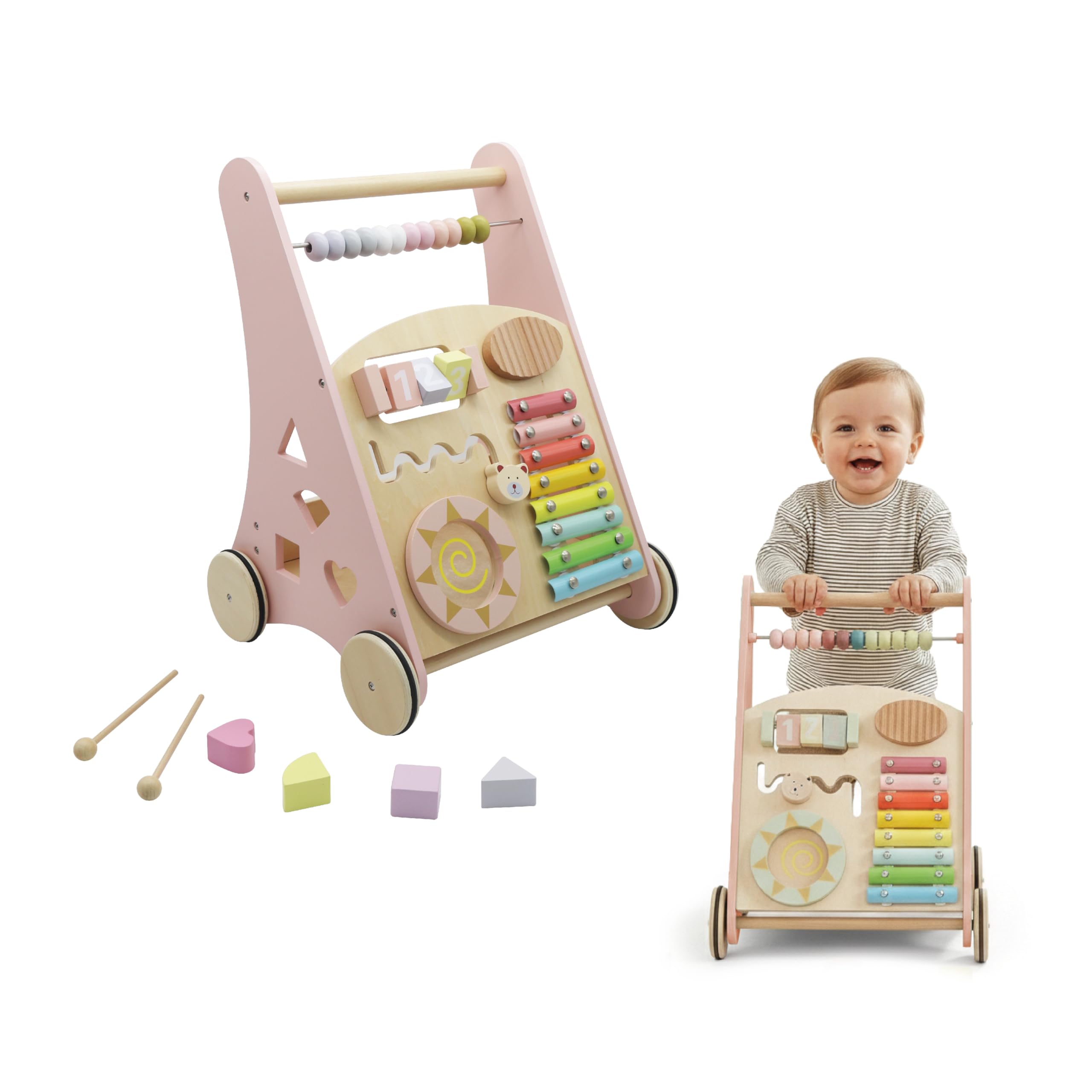 Buddy Baby - Andador de Madera Montessori - Desde 12 meses - Panel interactivo (xilófono, puzzle, espejo, engranajes) - Cajón trasero - Ruedas goma antideslizantes - No daña el suelo
