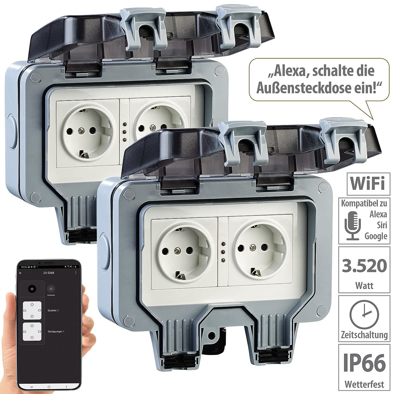 Luminea Home Control WiFi Steckdose Outdoor: 2er-Set Outdoor-WLAN-Doppelsteckdosen, Sprachbefehl, Strommessung, App (WLAN Steckdose, Außensteckdose Smart, Dose)