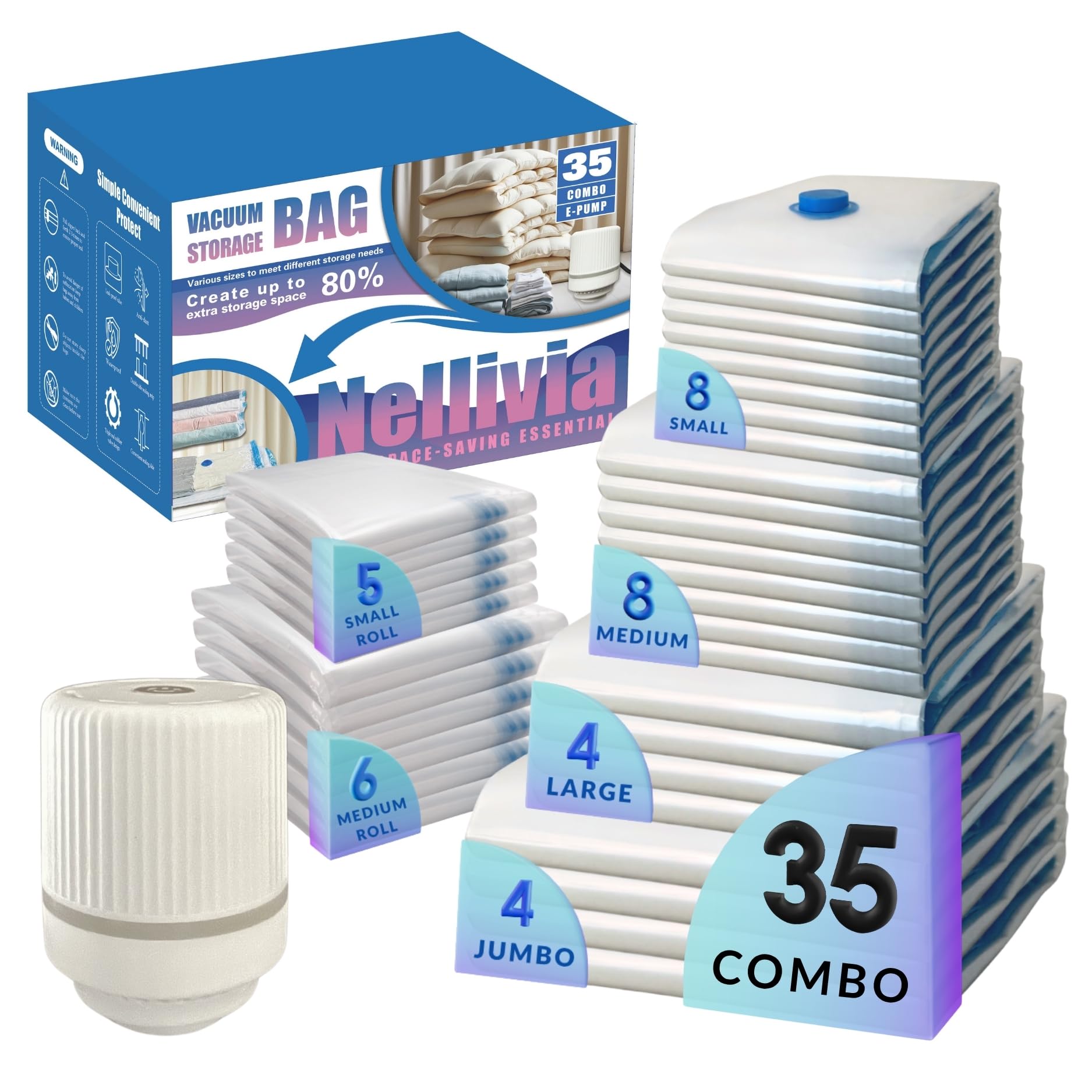 Confezione da 35 sacchetti sottovuoto con pompa elettrica, salvaspazio a compressione, per trapunte, biancheria da letto, coperte, sacchetti sottovuoto per vestiti, bagagli e armadi, pompa
