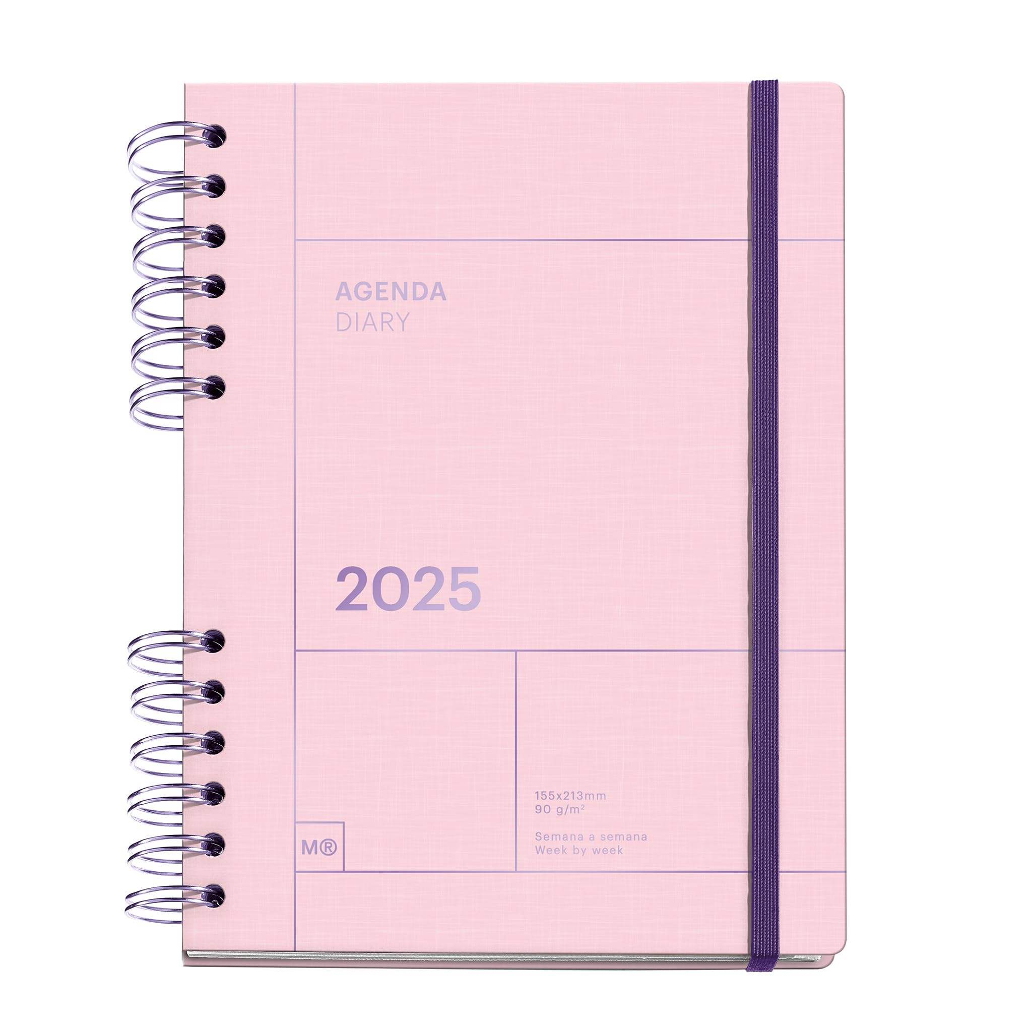Miquelrius - 2025 Diary, Size 155 x 213 mm, Week to View Agenda, Lined Cardboard Cover, Sustainable Paper 100 g/m², Elastic Closure, Spanish, English and Portuguese, Pink