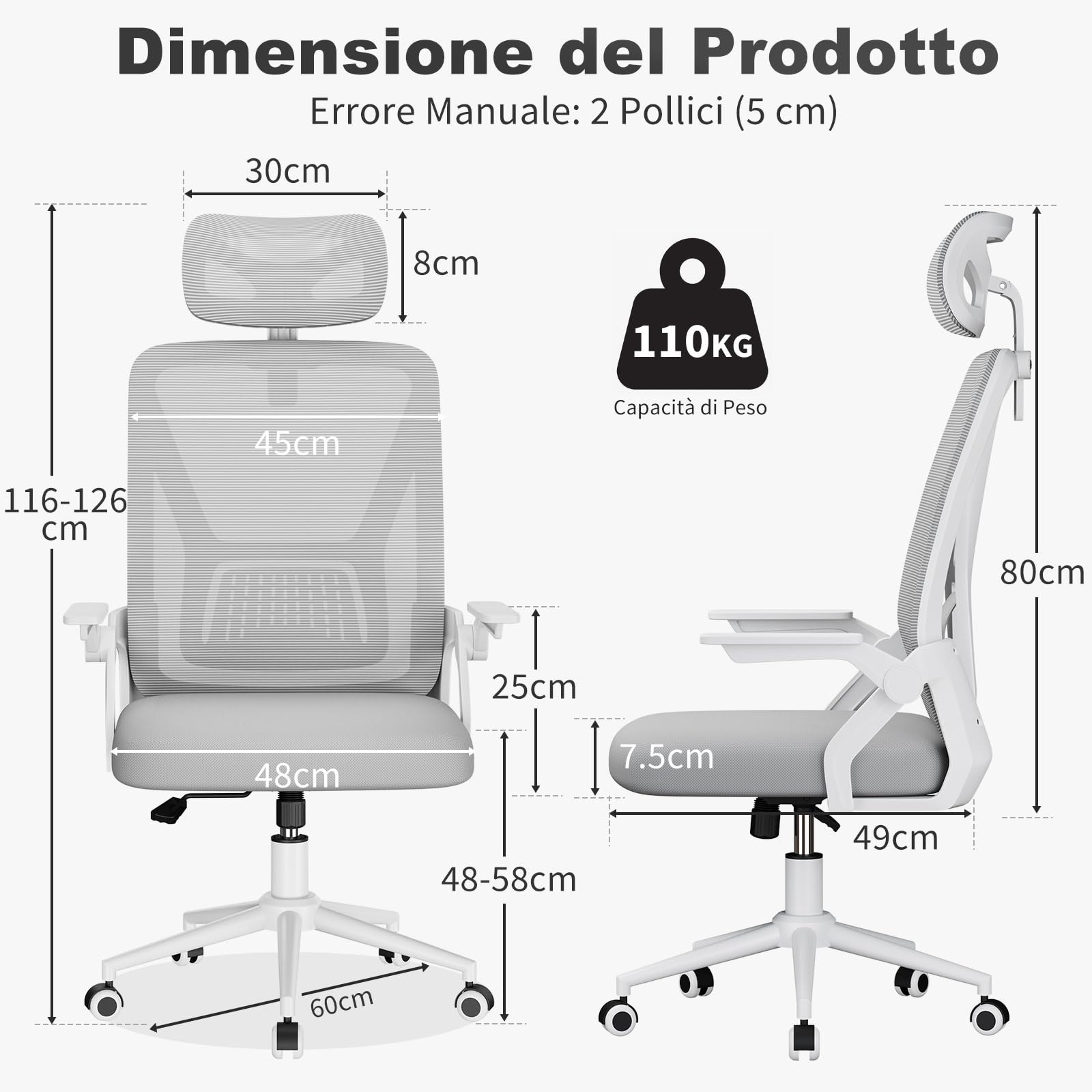 naspaluro Sedia da Ufficio,Con Braccioli Ribaltabili a 90°,Rivestimento in Rete Traspirante, Sedia Girevole a 360° Con Funzione Swing (Con poggiatesta, Gray)